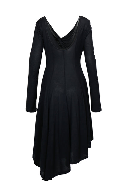 Back view of YIBRI black long sleeve fitted knit dress with draped back and flowing asymmetric skirt — minimalist quiet luxury womenswear.