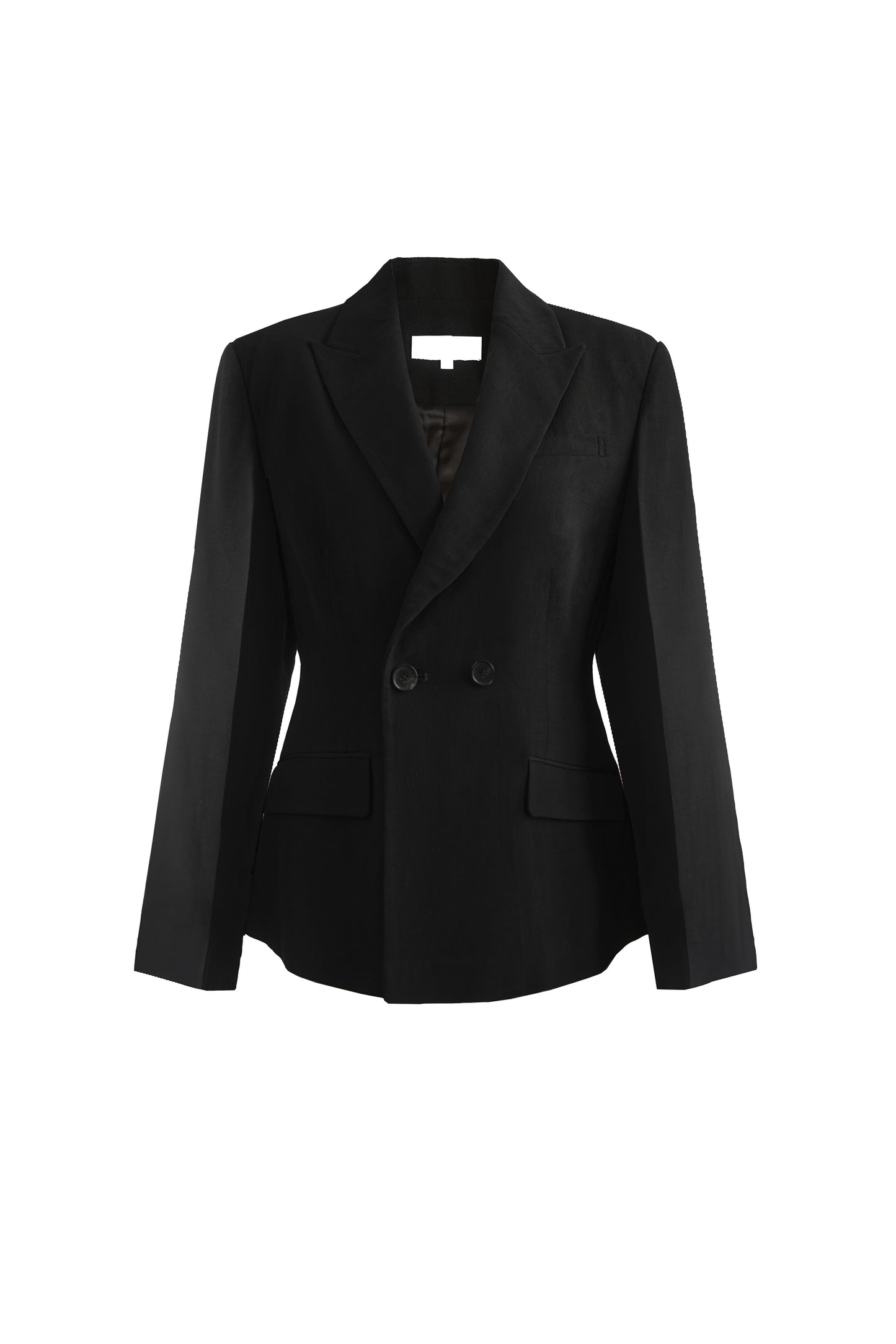 Front view of YIBRI double-breasted blazer featuring peaked lapels, sculpted waist shaping and clean black tailoring.