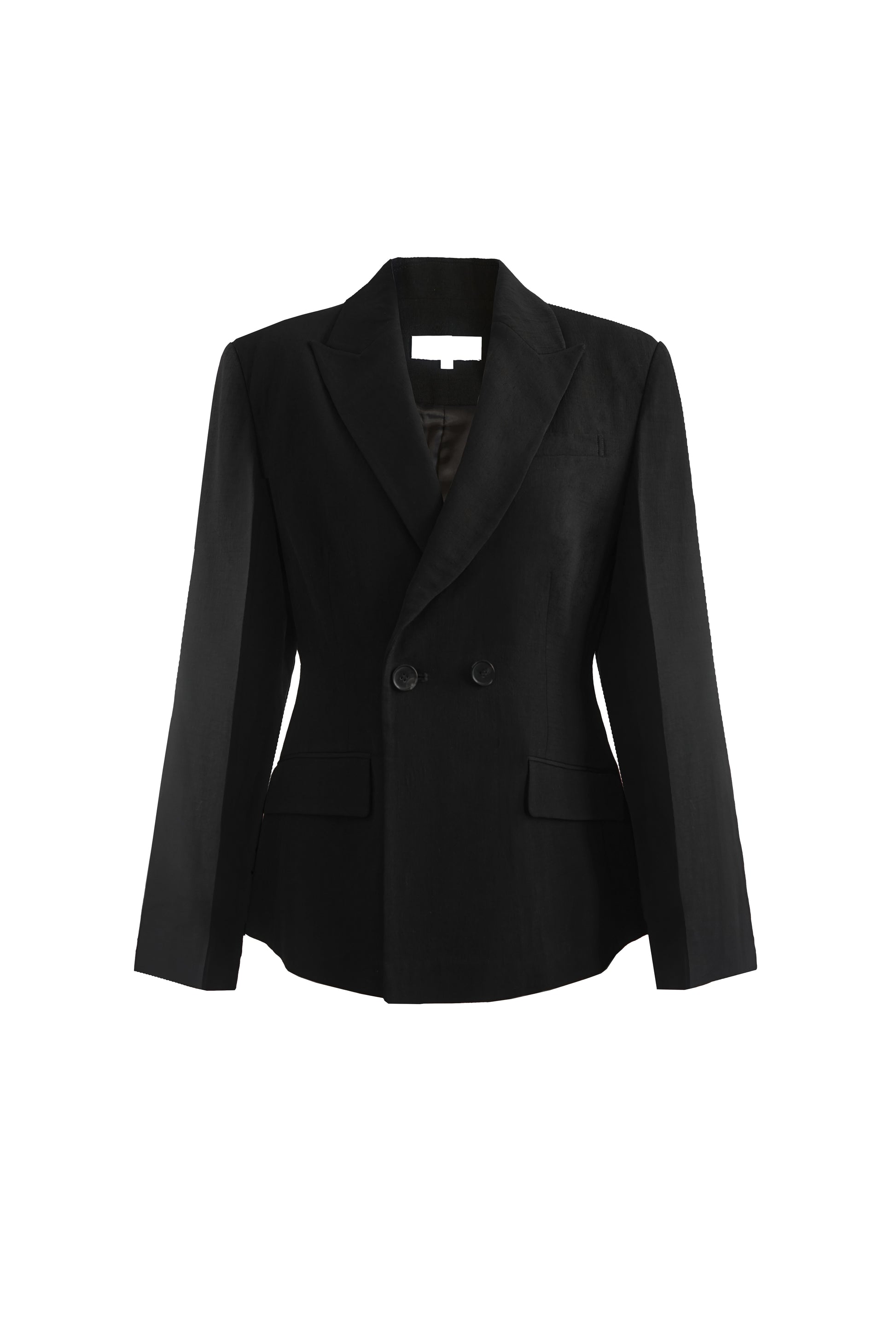 Front view of YIBRI double-breasted blazer featuring peaked lapels, sculpted waist shaping and clean black tailoring.