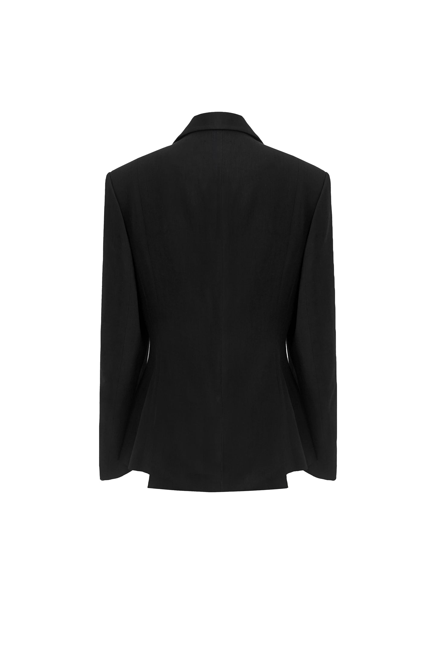 Back view of YIBRI double-breasted blazer showcasing the contoured seams and softly flared hemline.