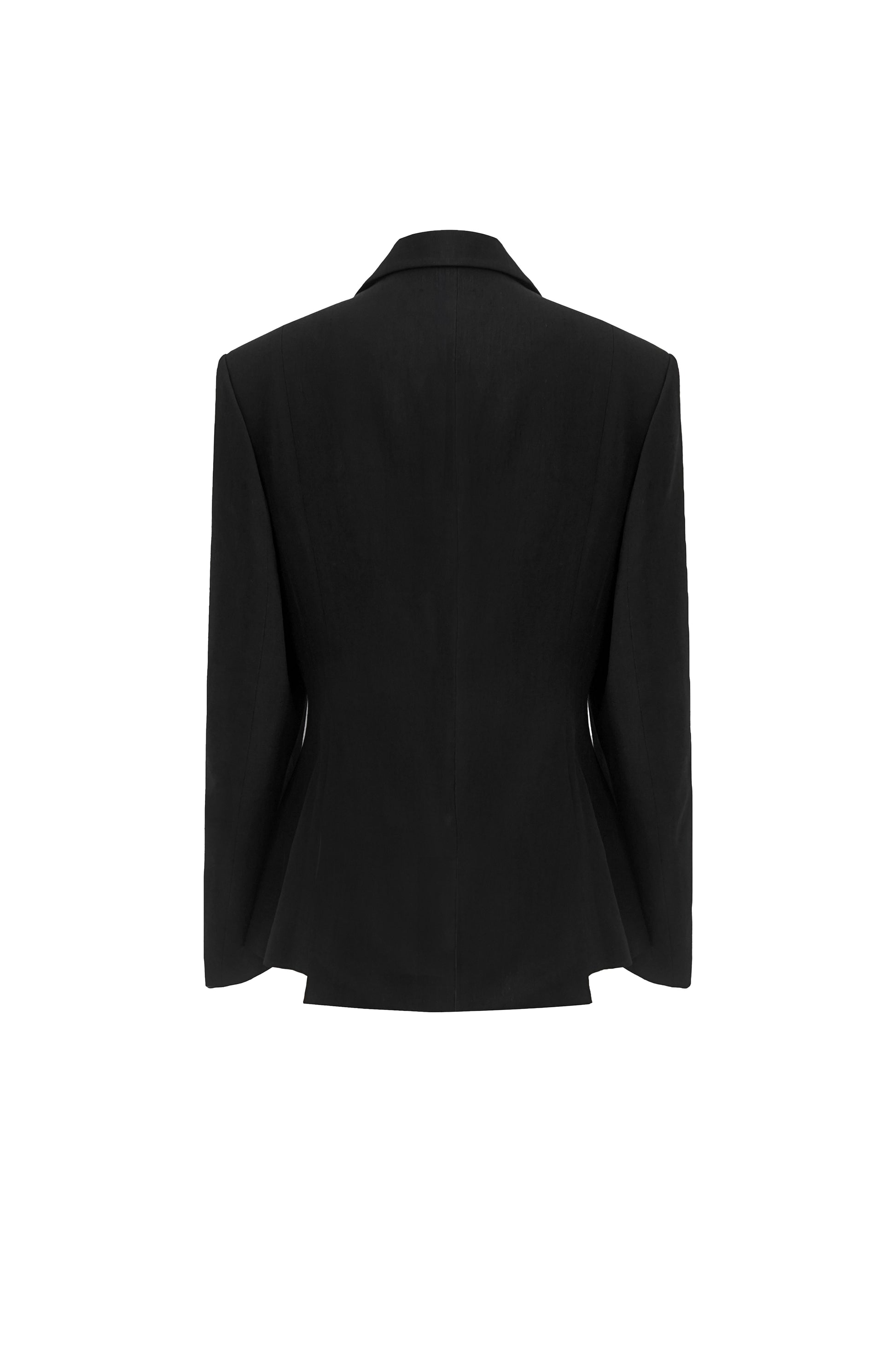 Back view of YIBRI double-breasted blazer showcasing the contoured seams and softly flared hemline.