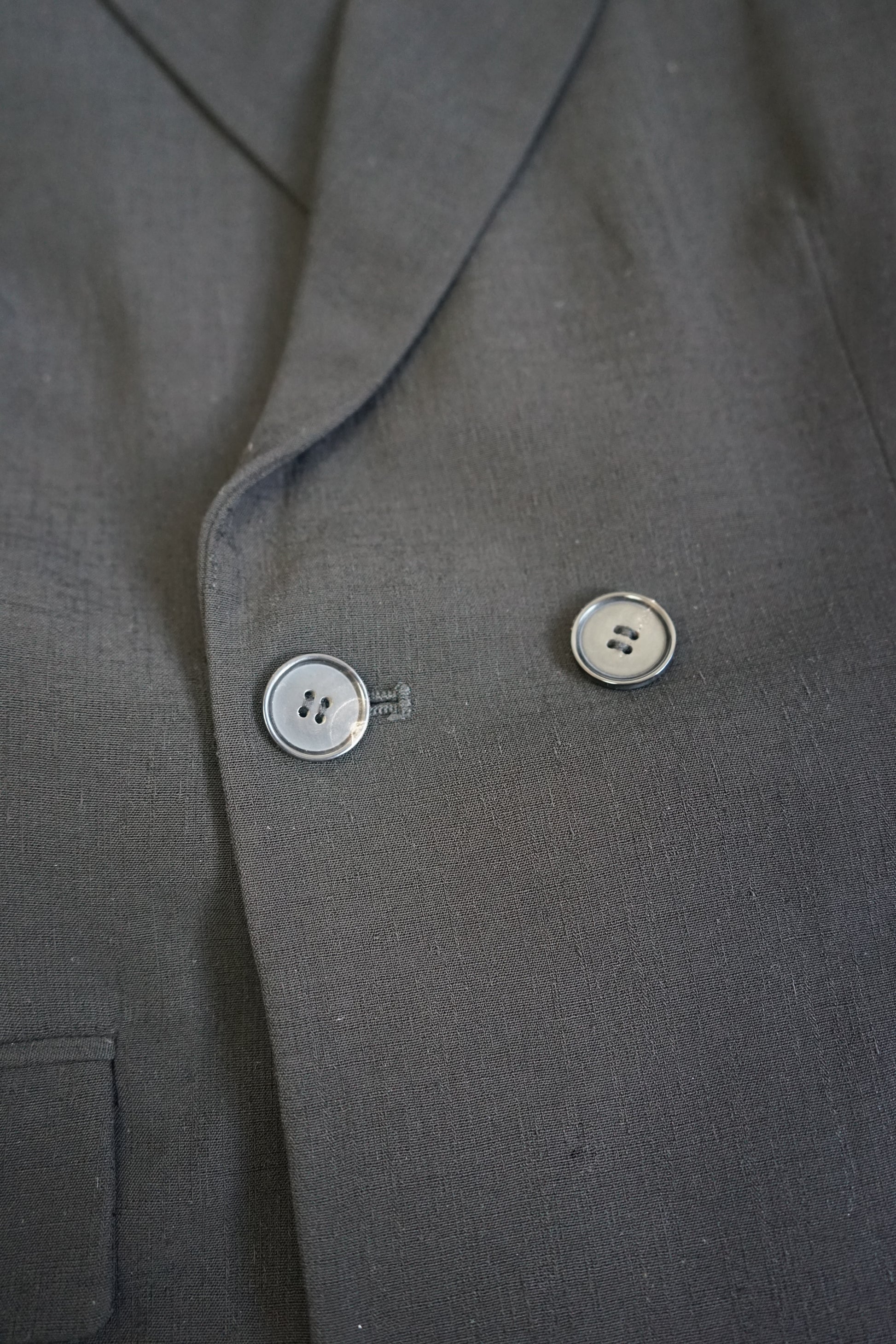 Detail of the double-breasted button closure on the YIBRI blazer, featuring tonal buttons and smooth wool-blend texture.