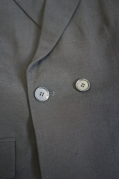 Detail of the double-breasted button closure on the YIBRI blazer, featuring tonal buttons and smooth wool-blend texture.