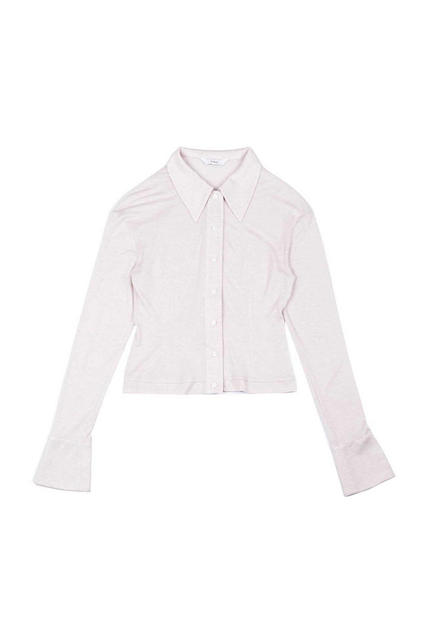 Front view of YIBRI Fitted Jersey Shirt featuring elongated pointed collar, soft jersey texture and slim silhouette — a quiet-luxury essential in lightweight knit.