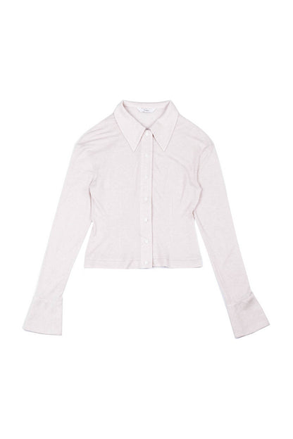 Front view of YIBRI Fitted Jersey Shirt featuring elongated pointed collar, soft jersey texture and slim silhouette — a quiet-luxury essential in lightweight knit.