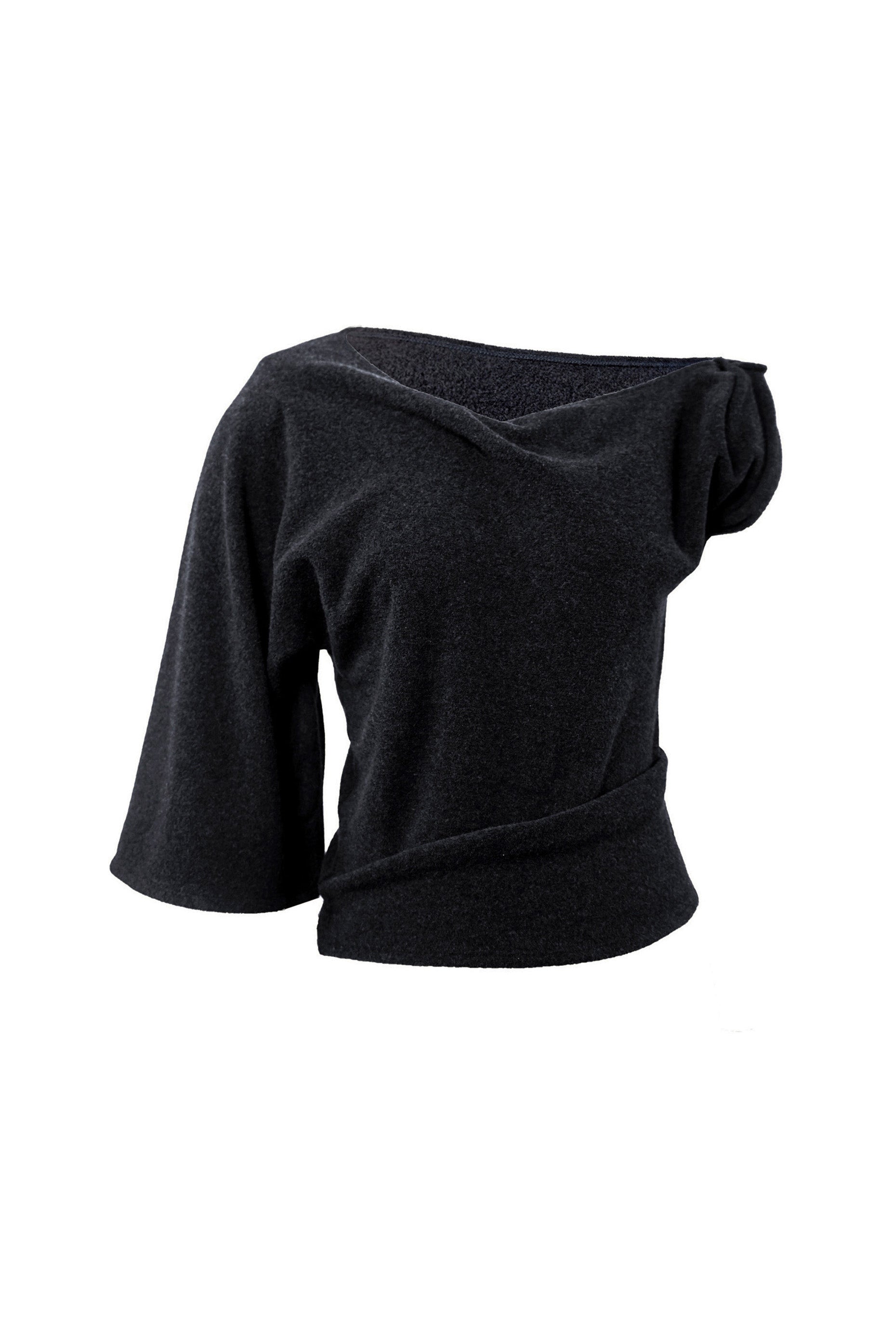 Front view of the YIBRI Fleece Asymmetrical Shoulder Twisted Top in charcoal, featuring a sculptural draped neckline and soft brushed fleece.
