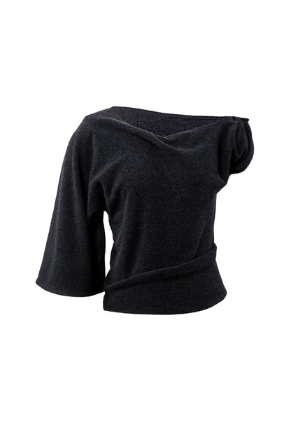 Front view of the YIBRI Fleece Asymmetrical Shoulder Twisted Top in charcoal, featuring a sculptural draped neckline and soft brushed fleece.