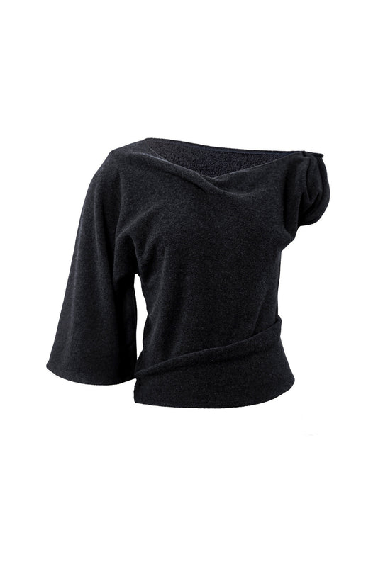 Front view of the YIBRI Fleece Asymmetrical Shoulder Twisted Top in charcoal, featuring a sculptural draped neckline and soft brushed fleece.