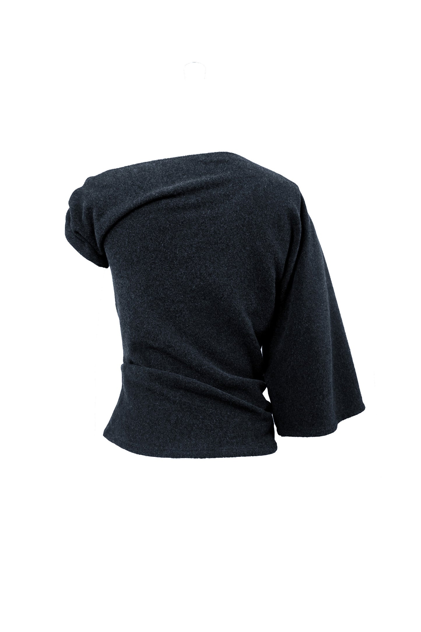 Back view of the YIBRI Fleece Asymmetrical Shoulder Twisted Top, showing the wrapped twist and asymmetric silhouette in charcoal fleece.