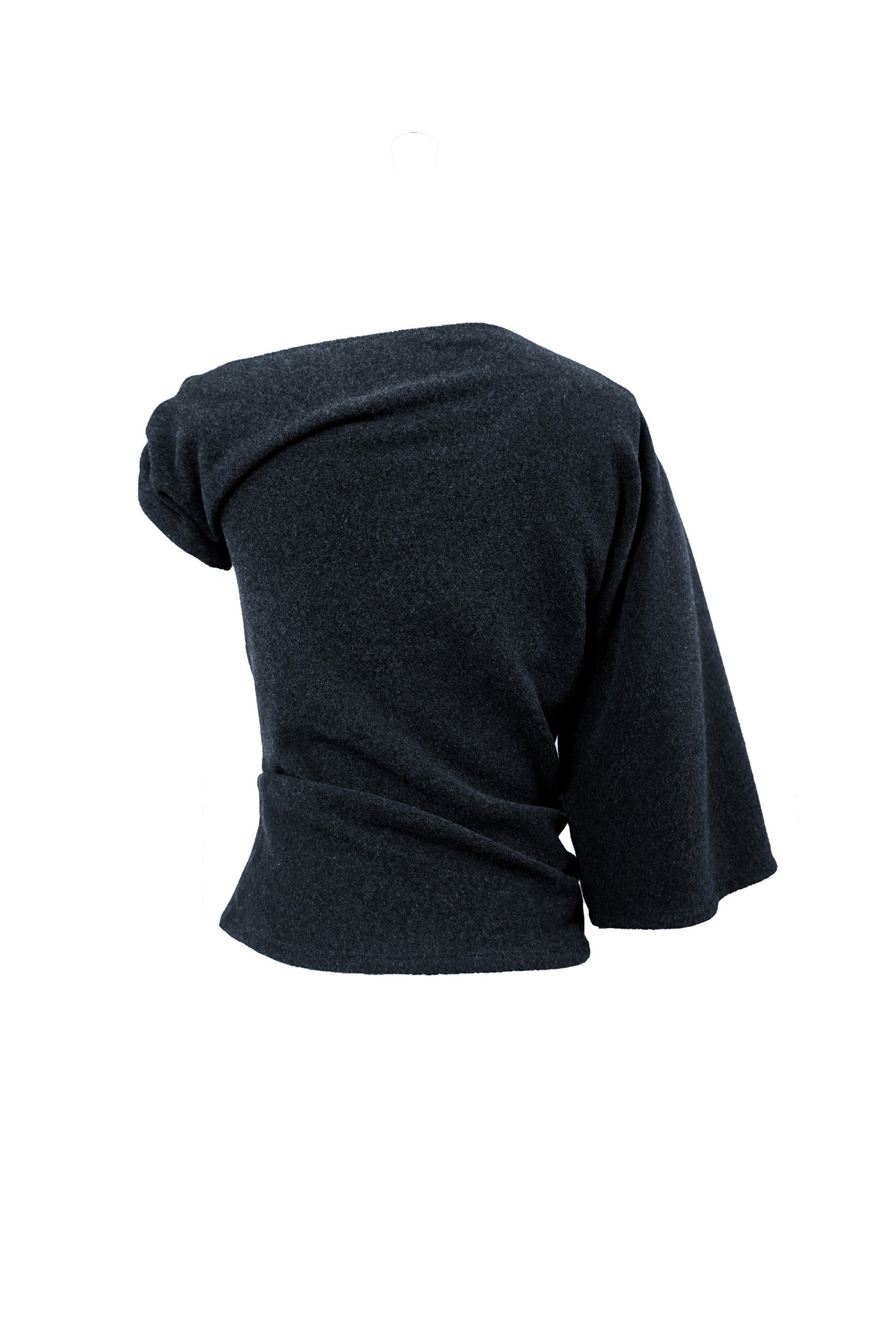 Back view of the YIBRI Fleece Asymmetrical Shoulder Twisted Top, showing the wrapped twist and asymmetric silhouette in charcoal fleece.