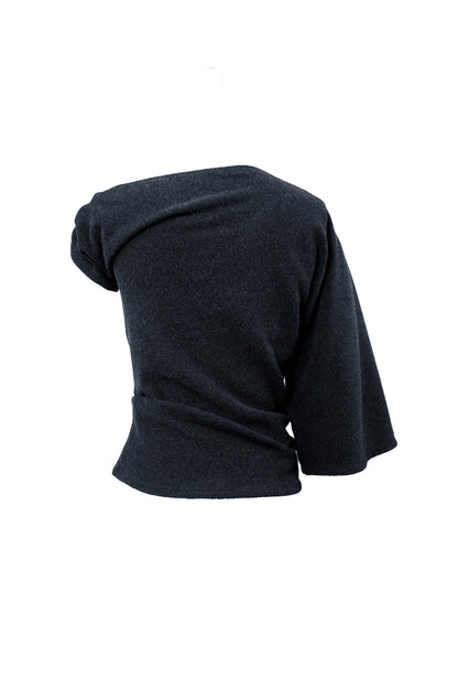 Back view of the YIBRI Fleece Asymmetrical Shoulder Twisted Top, showing the wrapped twist and asymmetric silhouette in charcoal fleece.