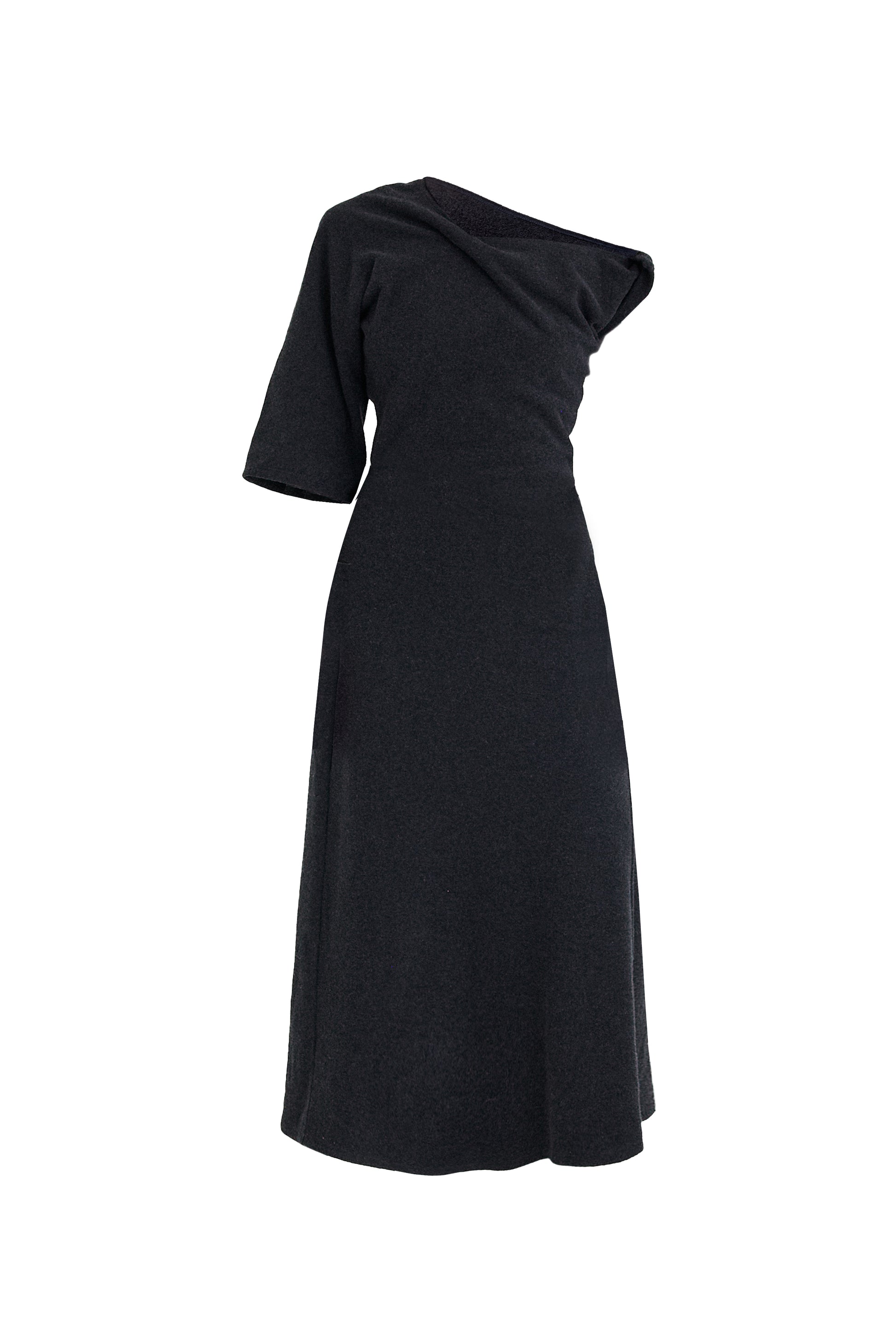 Black one-shoulder dress on a white background,. designed by YIBRI, a timeless brand based in London 