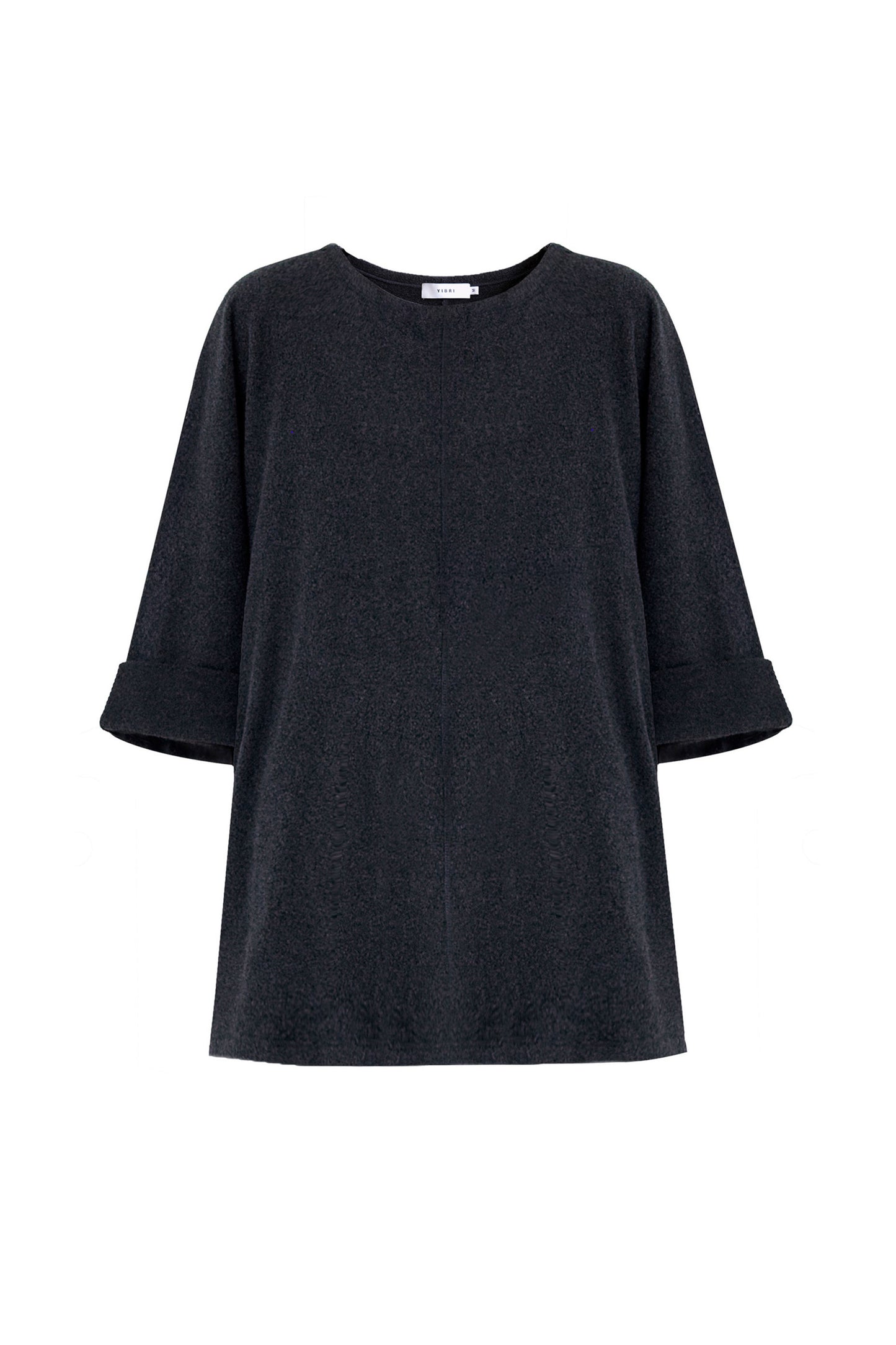 Front view of the YIBRI Fleece Oversized Roll-Sleeve Top in charcoal, featuring a relaxed silhouette and soft brushed fleece texture.