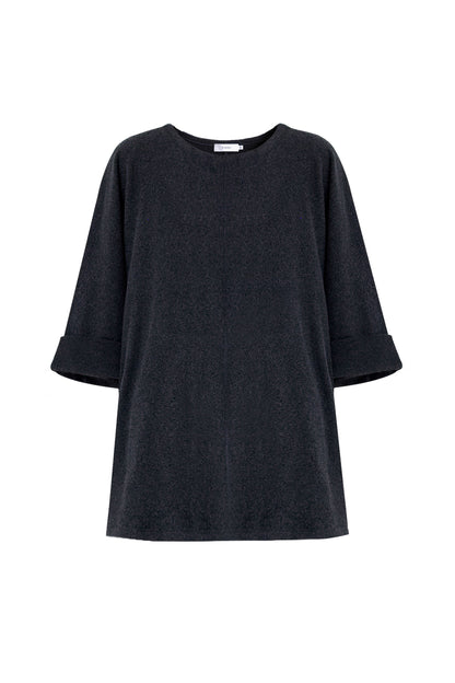 Front view of the YIBRI Fleece Oversized Roll-Sleeve Top in charcoal, featuring a relaxed silhouette and soft brushed fleece texture.