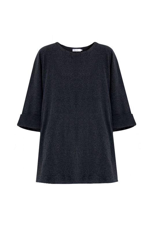 Front view of the YIBRI Fleece Oversized Roll-Sleeve Top in charcoal, featuring a relaxed silhouette and soft brushed fleece texture.