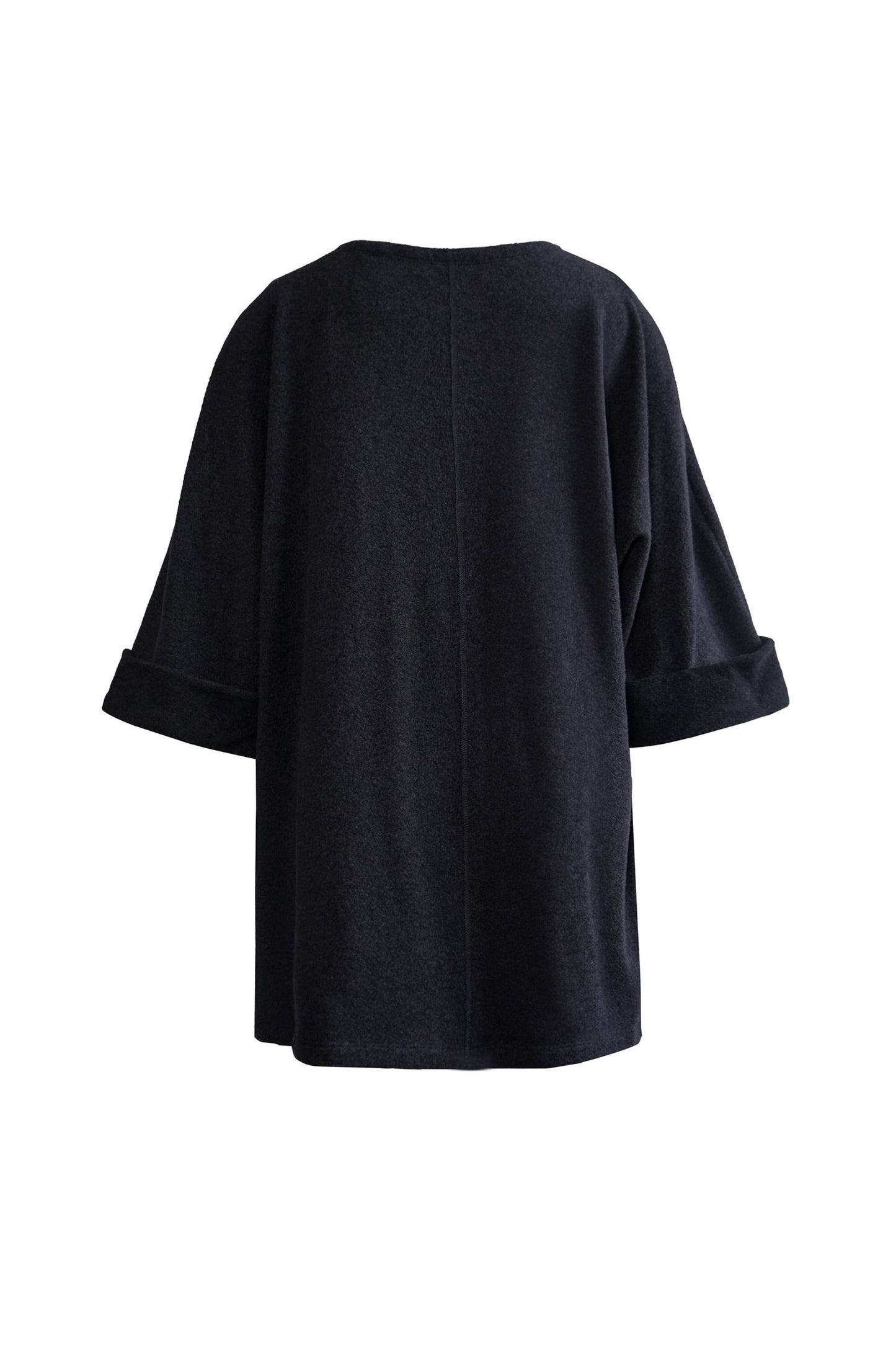 Back view of the YIBRI Fleece Oversized Roll-Sleeve Top in charcoal, showing the clean centre seam and gently draped oversized shape.