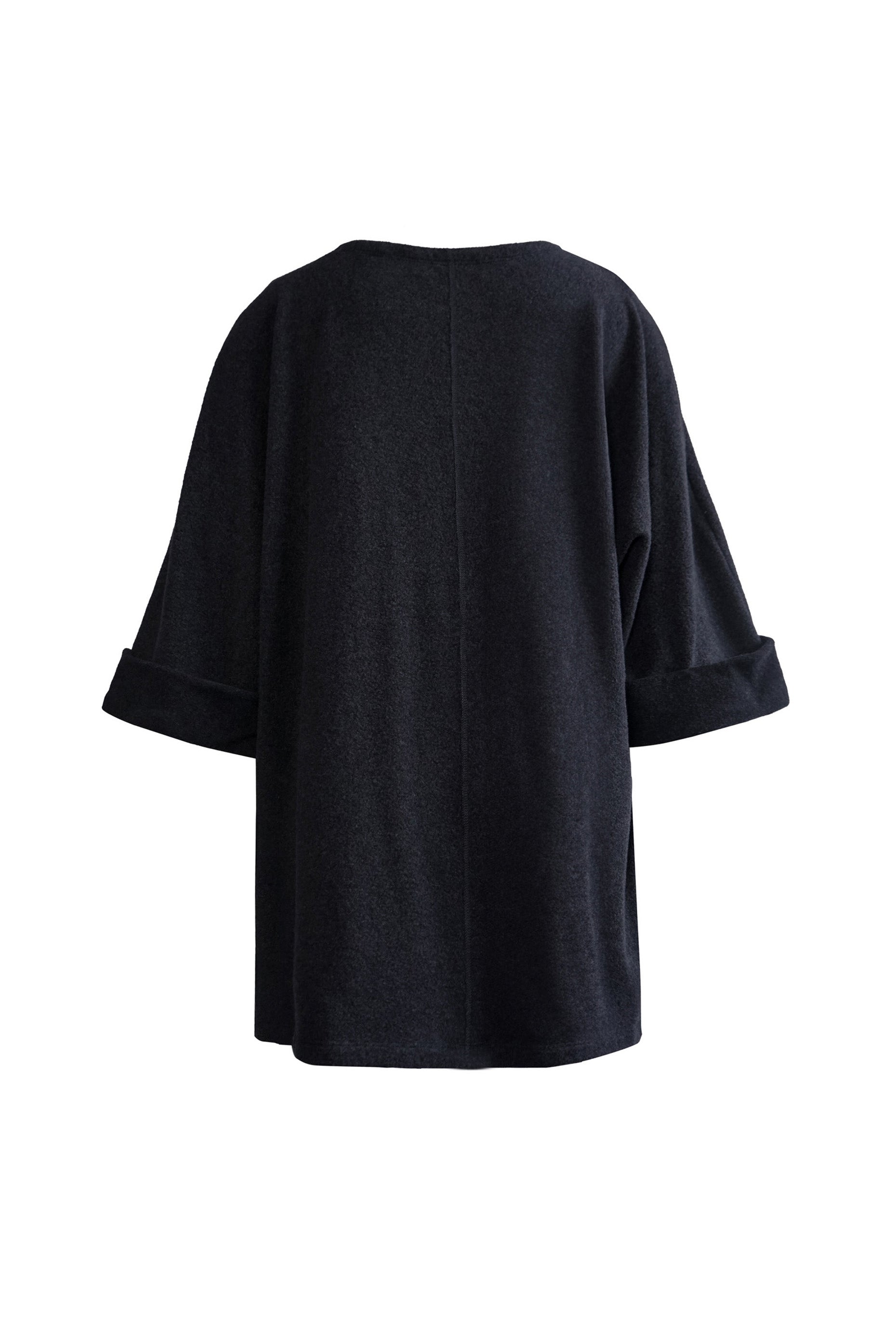 Back view of the YIBRI Fleece Oversized Roll-Sleeve Top in charcoal, showing the clean centre seam and gently draped oversized shape.