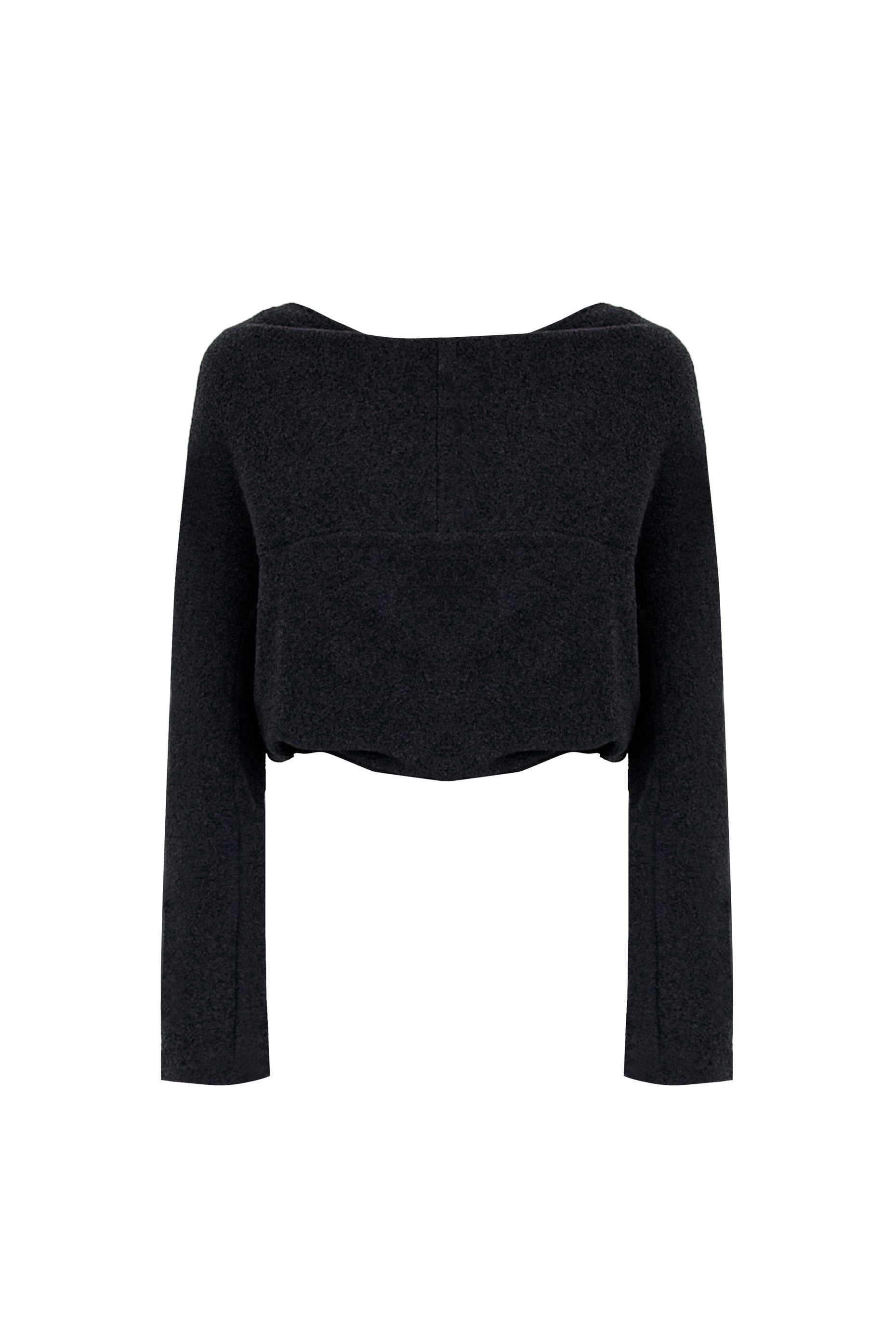 Front view of the YIBRI Fleece Reversible Twisted Top in charcoal, featuring a clean cropped silhouette and soft brushed fleece.