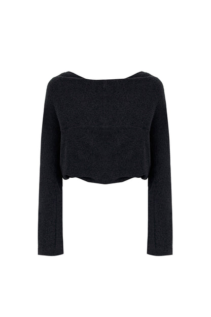 Front view of the YIBRI Fleece Reversible Twisted Top in charcoal, featuring a clean cropped silhouette and soft brushed fleece.