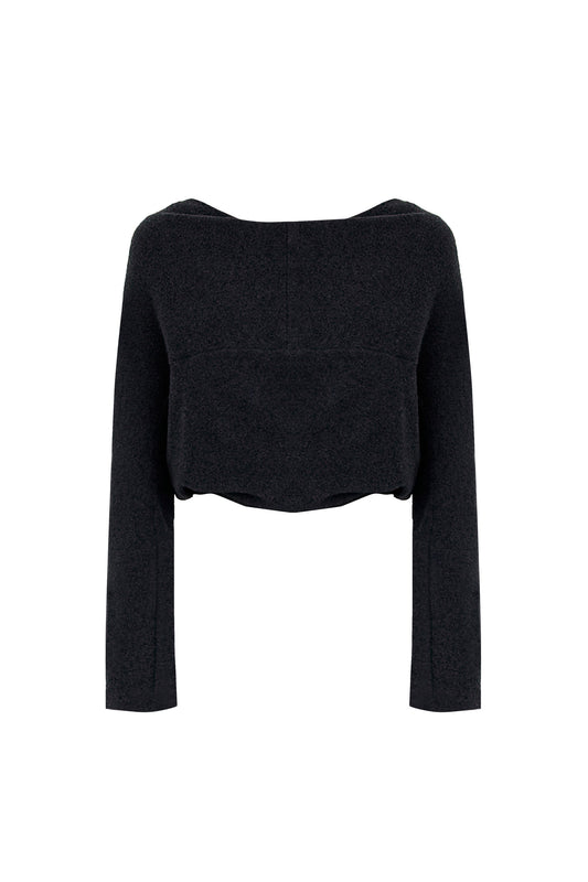 Front view of the YIBRI Fleece Reversible Twisted Top in charcoal, featuring a clean cropped silhouette and soft brushed fleece.