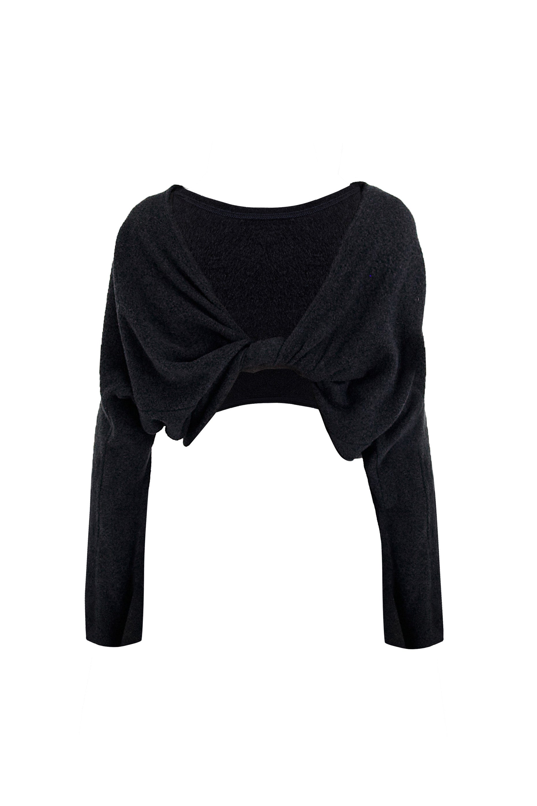 Reverse view of the YIBRI Fleece Reversible Twisted Top in charcoal, showing the sculptural twisted front panel when worn on the opposite side.