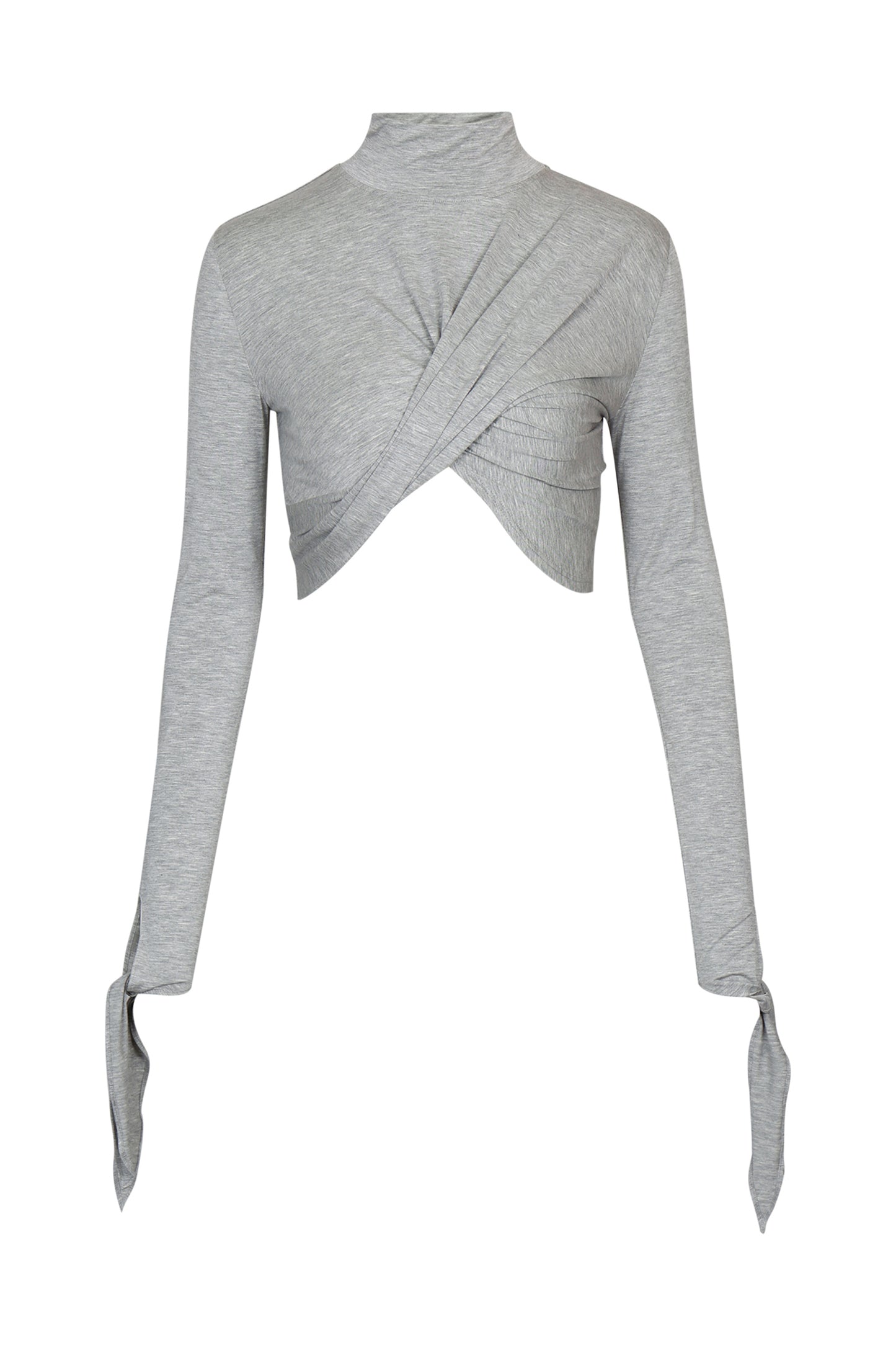 Front view of YIBRI Grey Draped Jersey Crop Top featuring high neck, asymmetric draped front panels and elongated tie-finish sleeves in soft heathered jersey.