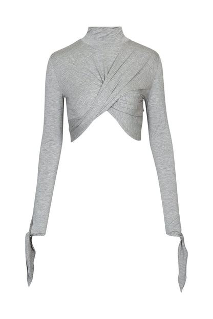 Front view of YIBRI Grey Draped Jersey Crop Top featuring high neck, asymmetric draped front panels and elongated tie-finish sleeves in soft heathered jersey.