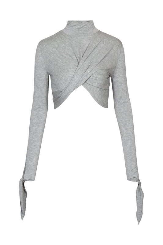 Front view of YIBRI Grey Draped Jersey Crop Top featuring high neck, asymmetric draped front panels and elongated tie-finish sleeves in soft heathered jersey.