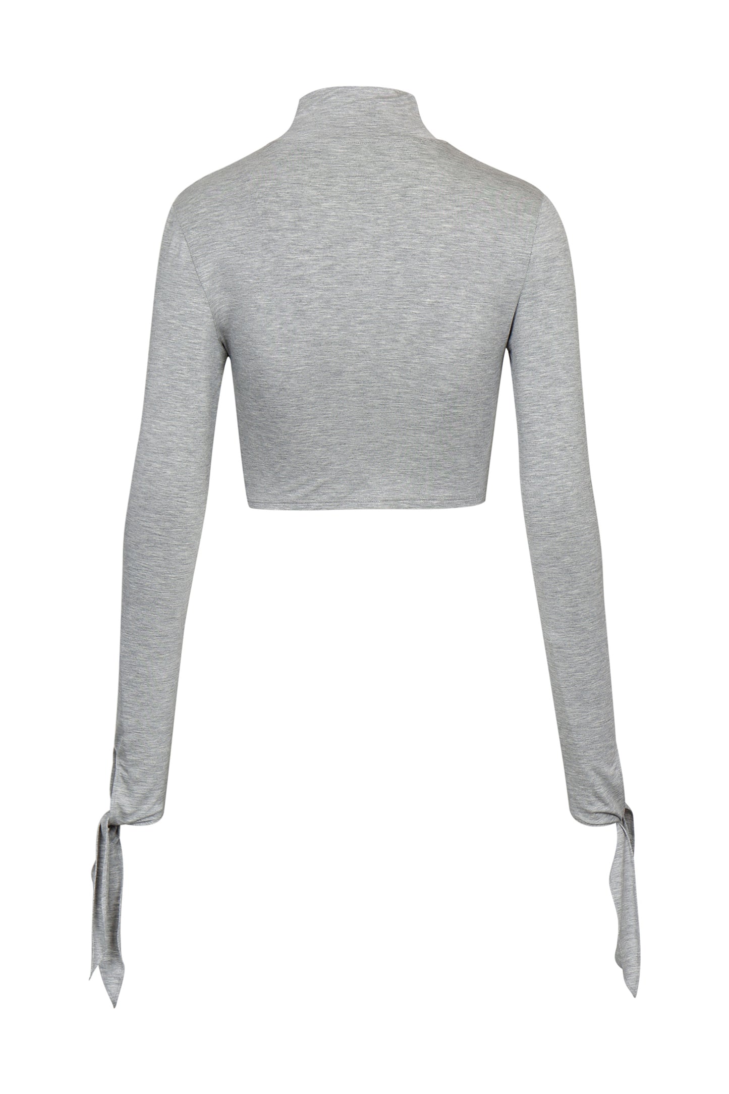 Back view of YIBRI Grey Draped Jersey Crop Top showing clean cropped back, smooth jersey finish and slim long sleeves.