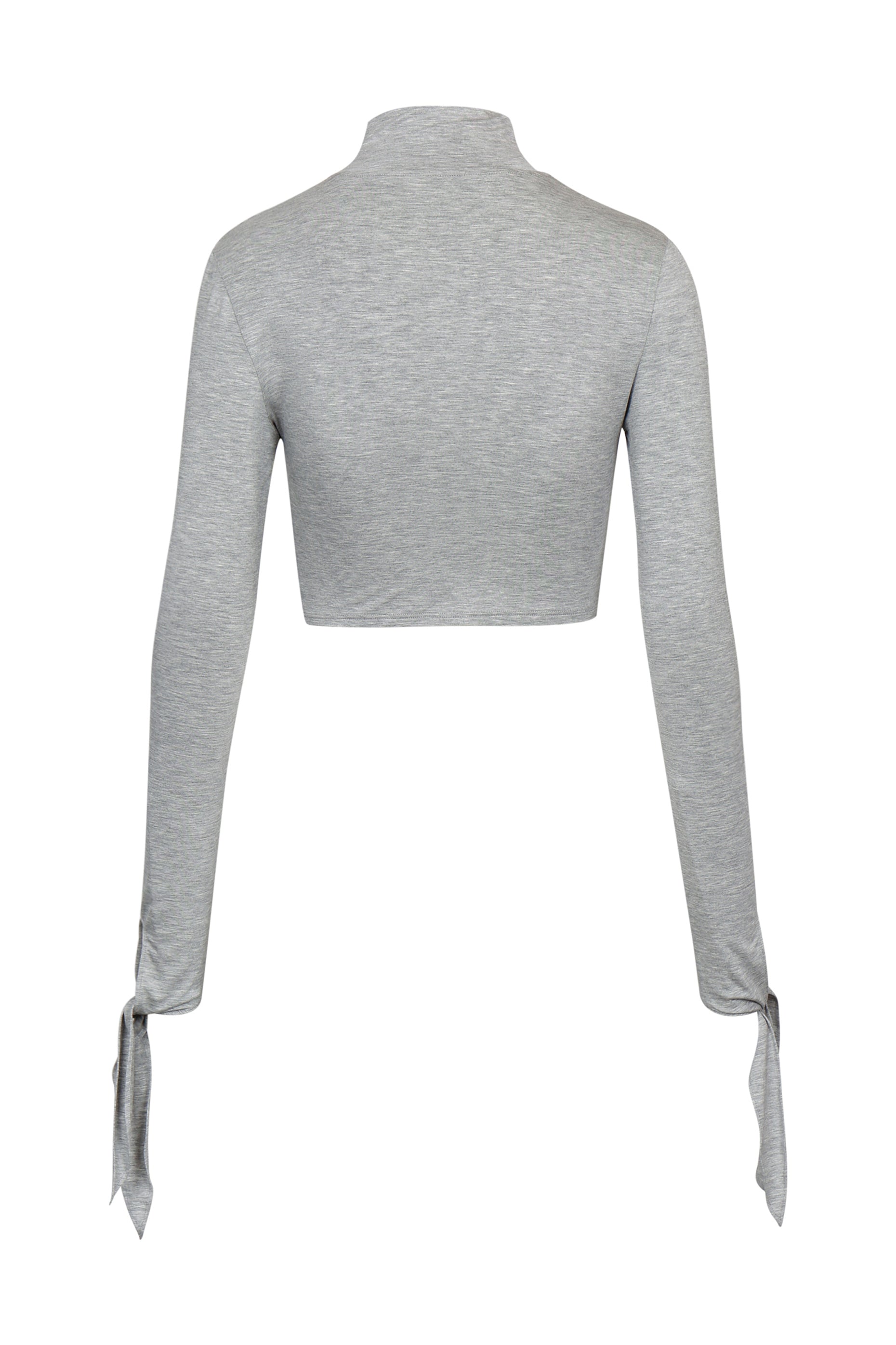 Back view of YIBRI Grey Draped Jersey Crop Top showing clean cropped back, smooth jersey finish and slim long sleeves.