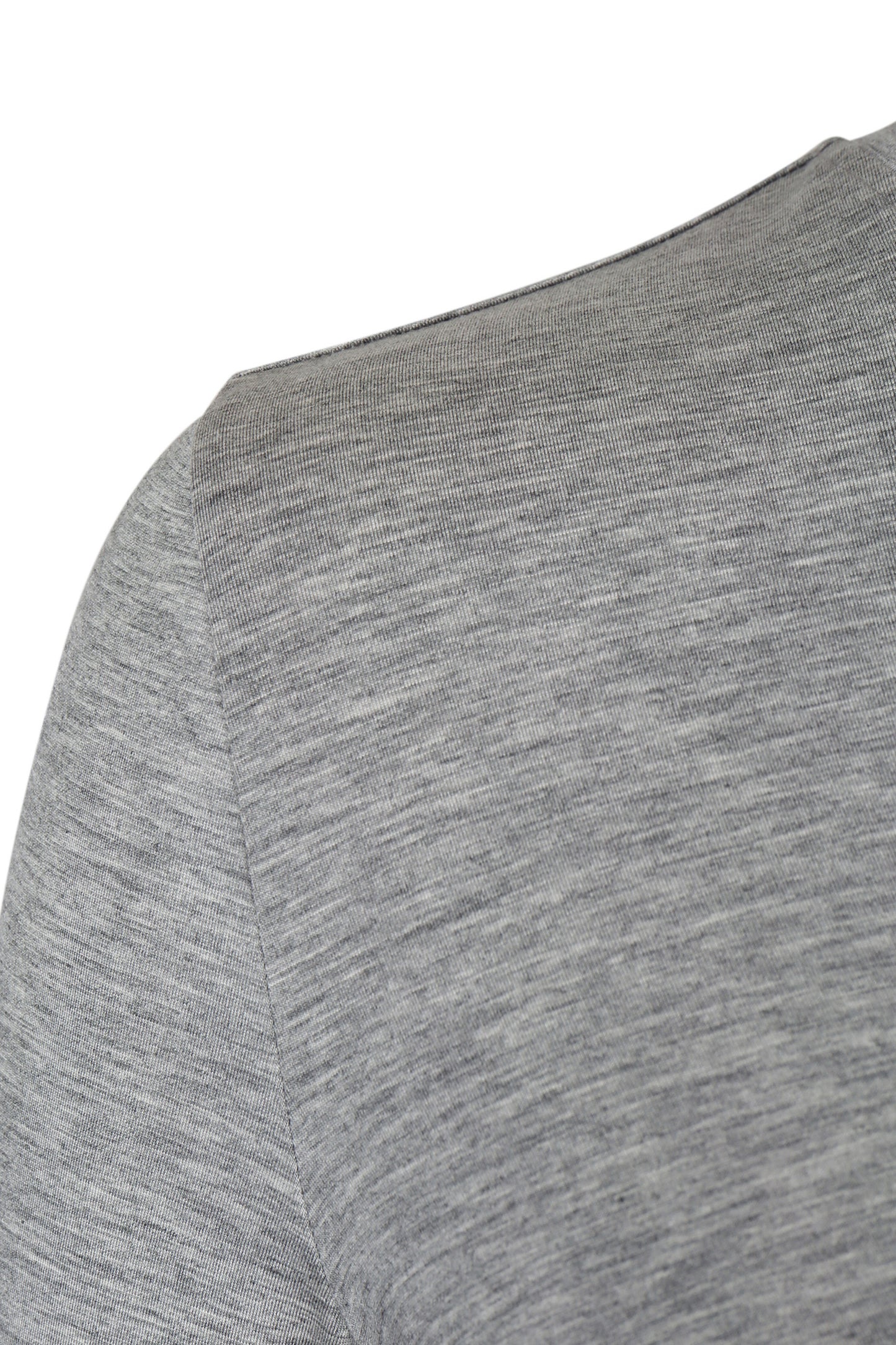 Detail of the shoulder and upper back on the YIBRI Grey Draped Jersey Crop Top, showing the fine ribbed jersey texture and smooth seam finish.