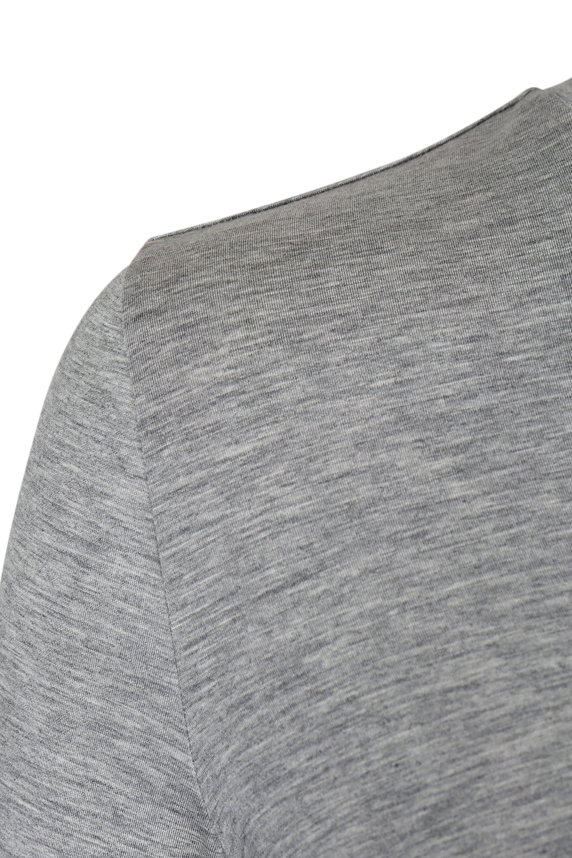 Detail of the shoulder and upper back on the YIBRI Grey Draped Jersey Crop Top, showing the fine ribbed jersey texture and smooth seam finish.