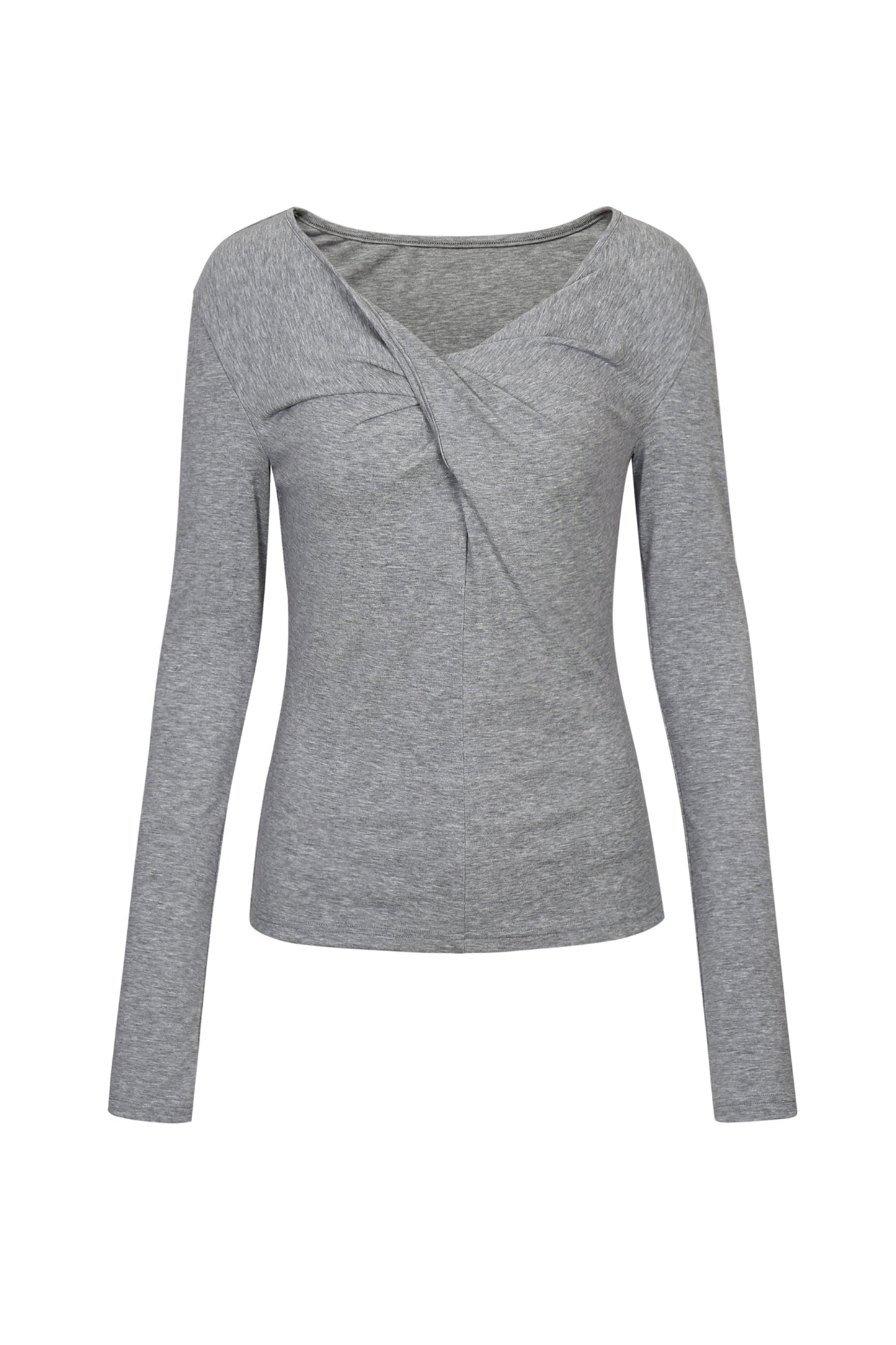Front view of the YIBRI Grey Twisted Long Jersey Sleeve Top featuring a soft heather-grey jersey and sculptural twisted neckline.