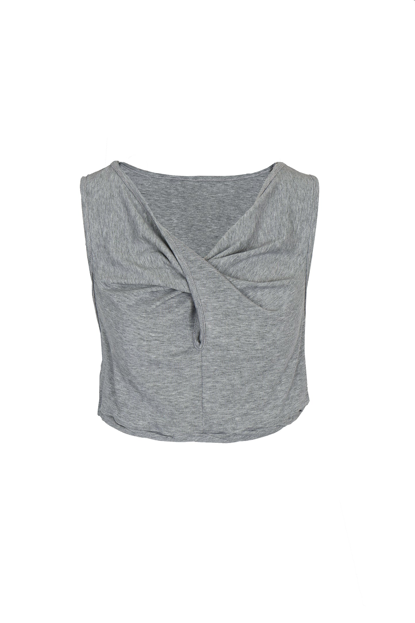 Front view of YIBRI Heather Grey Twisted Front Jersey Crop Top featuring draped twist detail, soft heathered jersey and cropped silhouette.