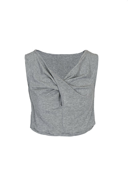 Front view of YIBRI Heather Grey Twisted Front Jersey Crop Top featuring draped twist detail, soft heathered jersey and cropped silhouette.