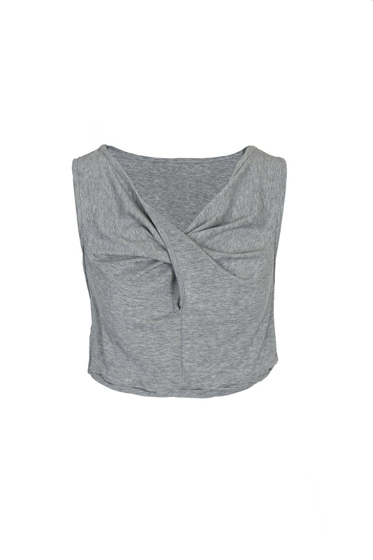 Front view of YIBRI Heather Grey Twisted Front Jersey Crop Top featuring draped twist detail, soft heathered jersey and cropped silhouette.