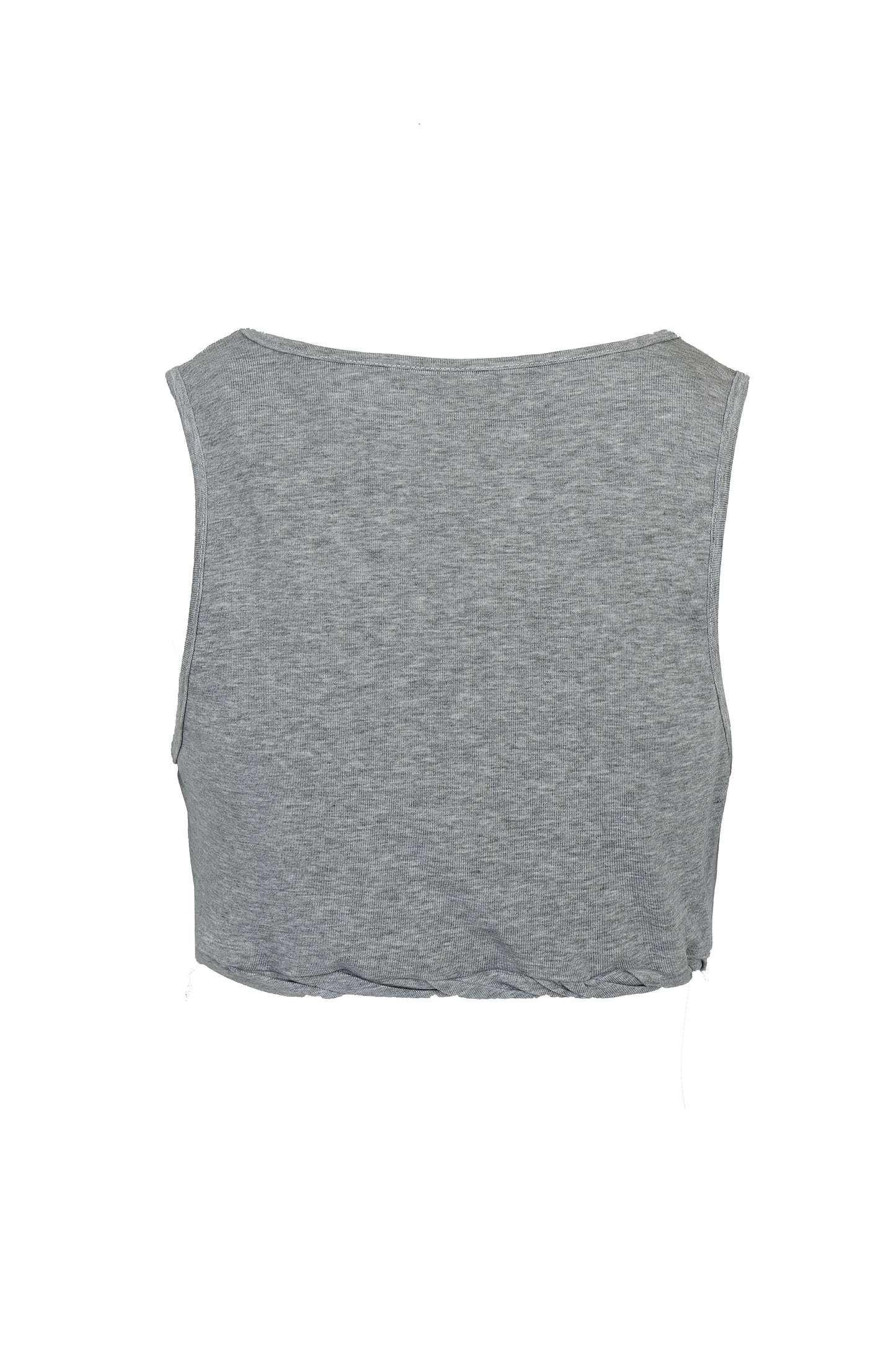Back view of YIBRI Heather Grey Twisted Front Jersey Crop Top showing clean minimal back panel and soft stretch jersey texture.