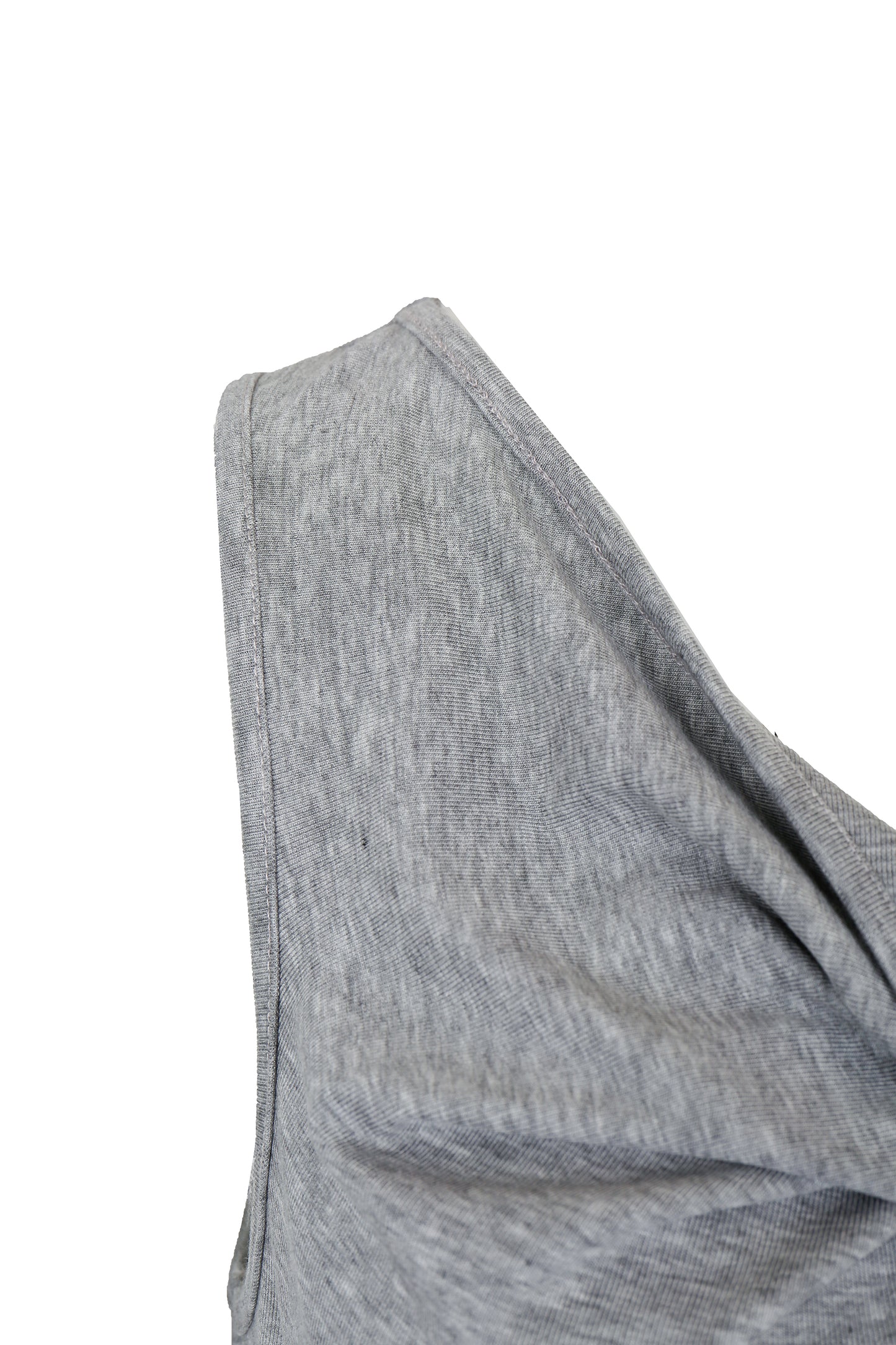 Close-up of shoulder seam on the YIBRI Heather Grey Twisted Front Jersey Crop Top, highlighting refined jersey stitching and clean finishing.