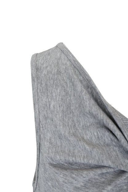 Close-up of shoulder seam on the YIBRI Heather Grey Twisted Front Jersey Crop Top, highlighting refined jersey stitching and clean finishing.