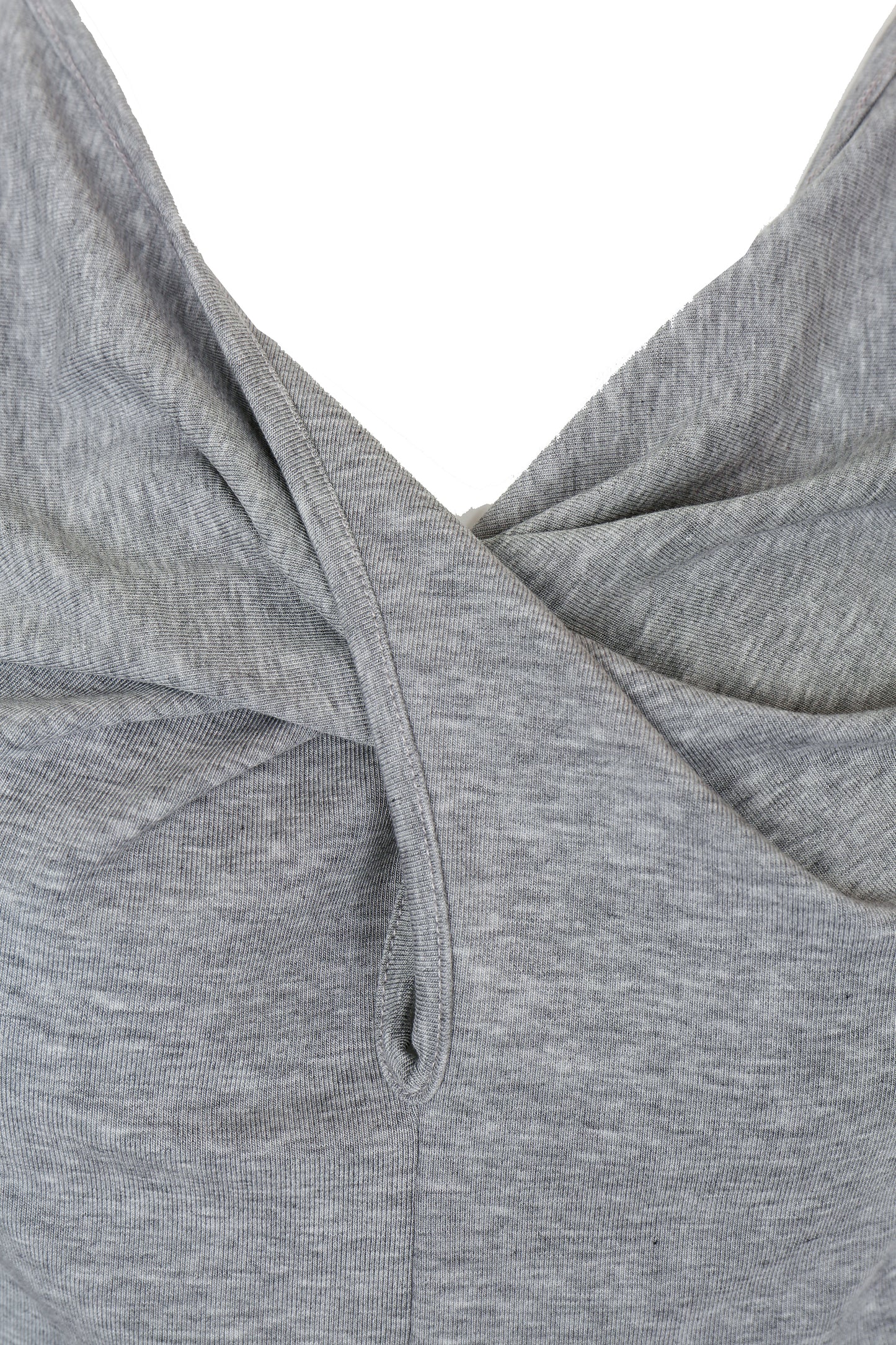 Close-up of the twisted front drape on the YIBRI Heather Grey Jersey Crop Top, showing gathered fold and soft heathered knit texture.