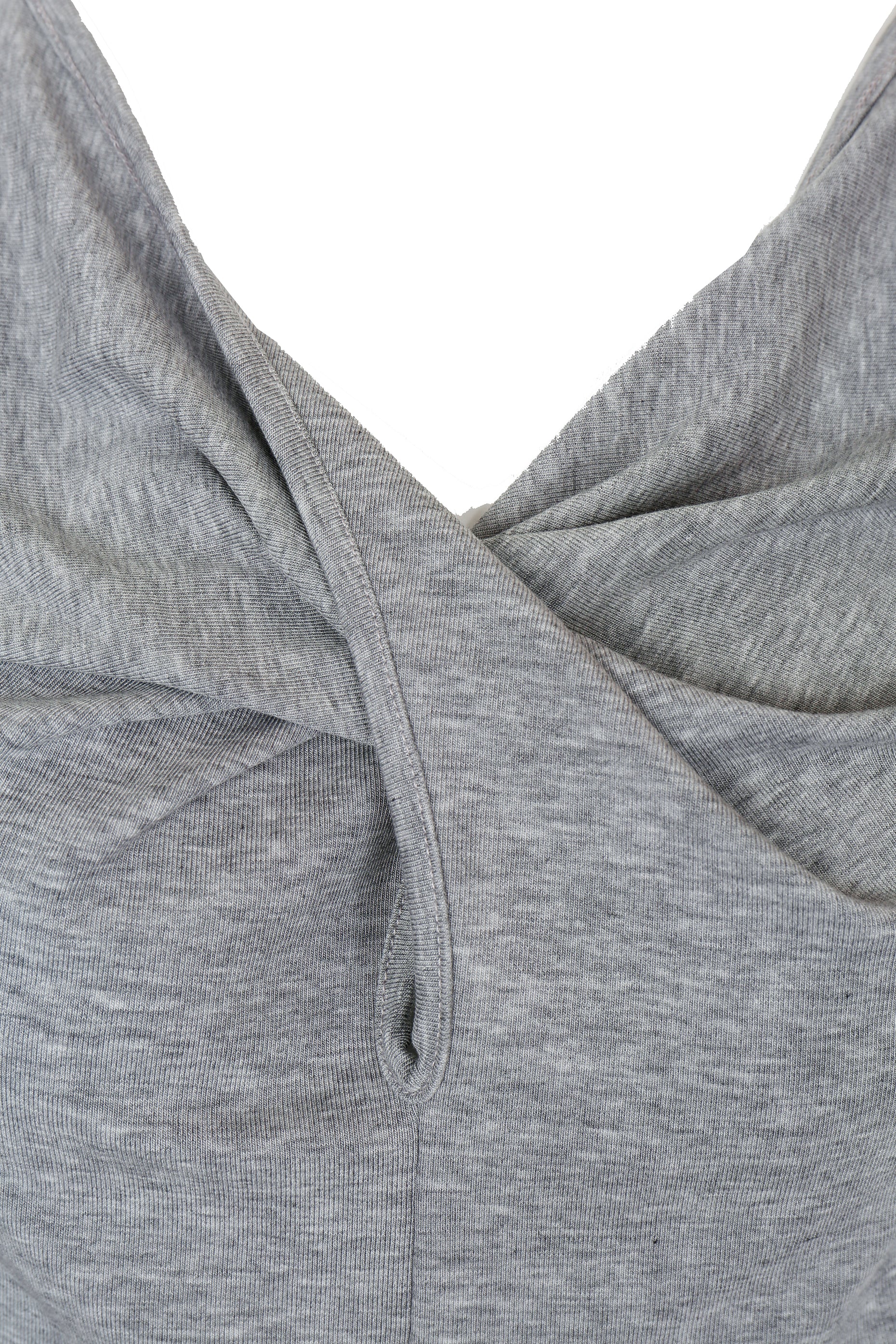 Close-up of the twisted front drape on the YIBRI Heather Grey Jersey Crop Top, showing gathered fold and soft heathered knit texture.