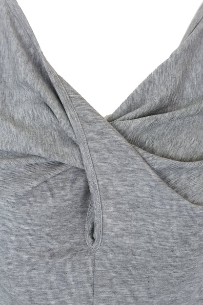 Close-up of the twisted front drape on the YIBRI Heather Grey Jersey Crop Top, showing gathered fold and soft heathered knit texture.
