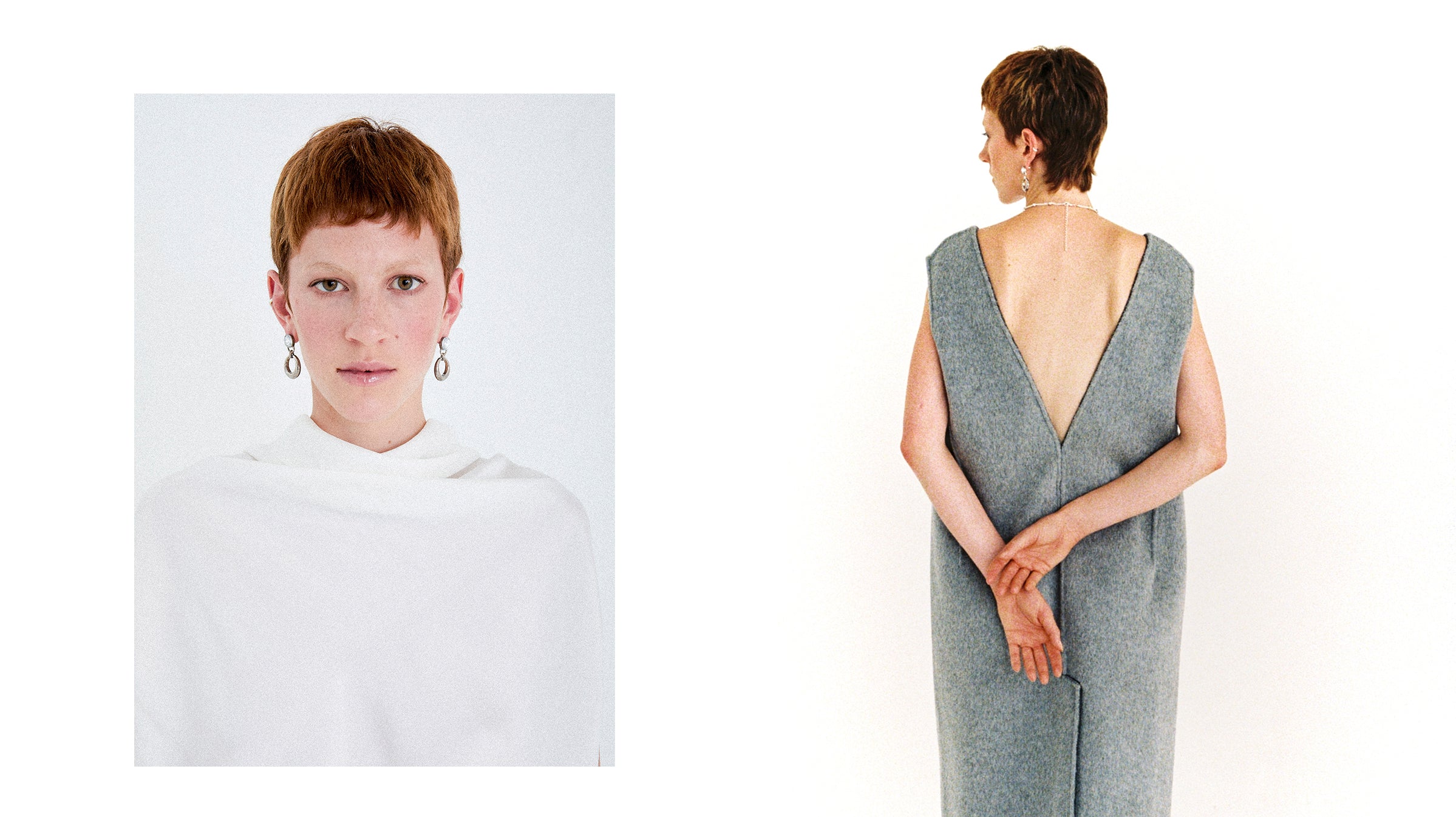 Woman wearing a gray double face wool  dress from front and back views on a white background