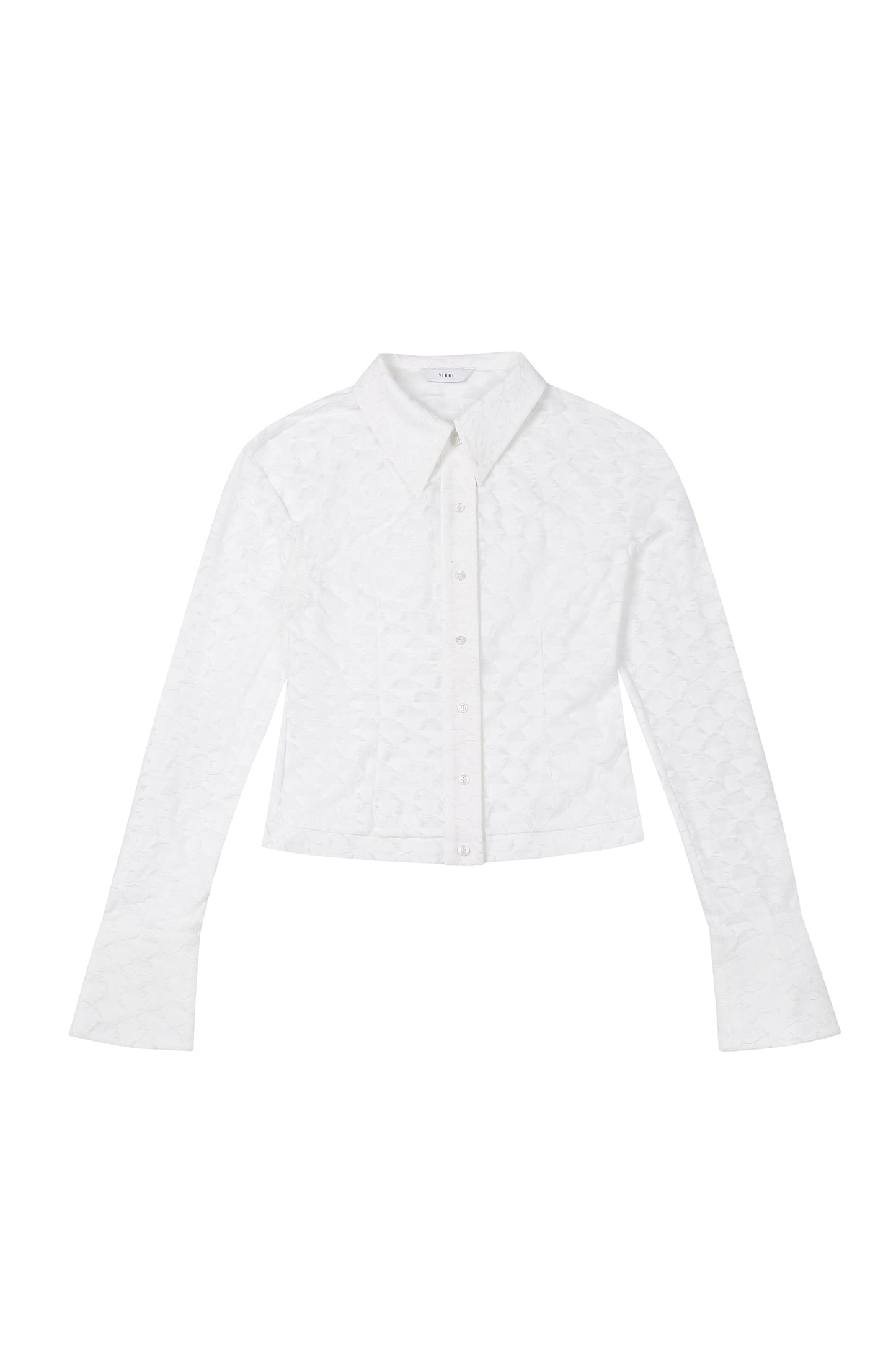 Front view of YIBRI Jacquard Fringe Shirt featuring geometric raised-jacquard texture, pointed collar, tonal buttons, and a fitted silhouette.