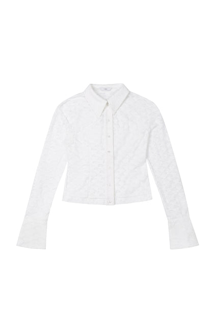 Front view of YIBRI Jacquard Fringe Shirt featuring geometric raised-jacquard texture, pointed collar, tonal buttons, and a fitted silhouette.