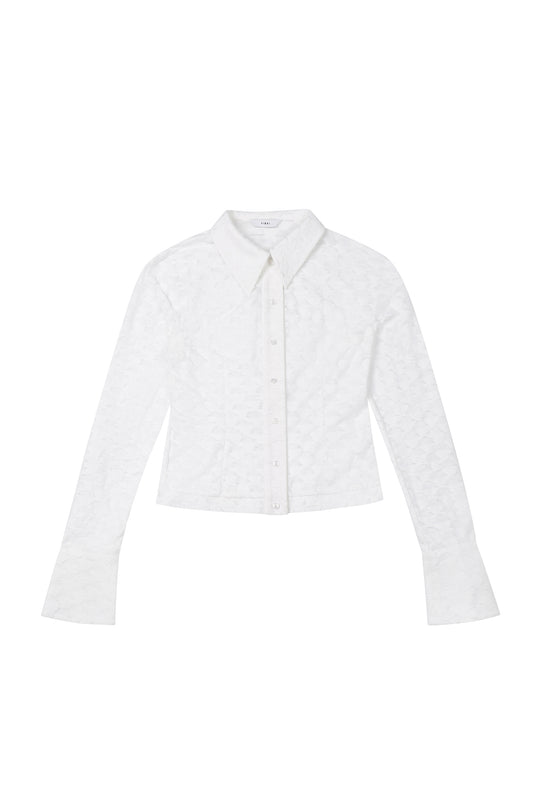 Front view of YIBRI Jacquard Fringe Shirt featuring geometric raised-jacquard texture, pointed collar, tonal buttons, and a fitted silhouette.