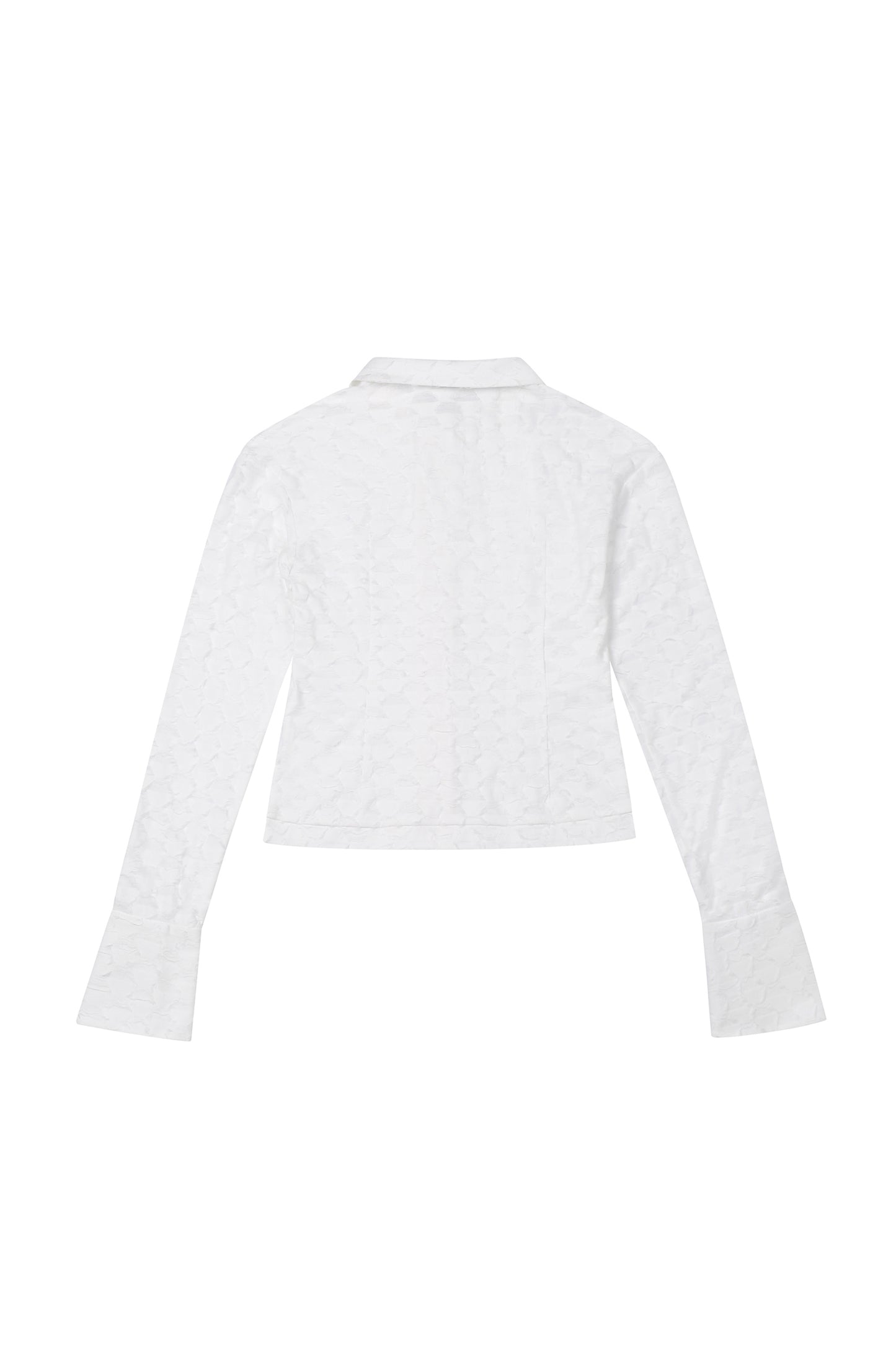 Back view of YIBRI Jacquard Fringe Shirt showing clean fitted lines, lightweight jacquard texture, and elongated sleeves.