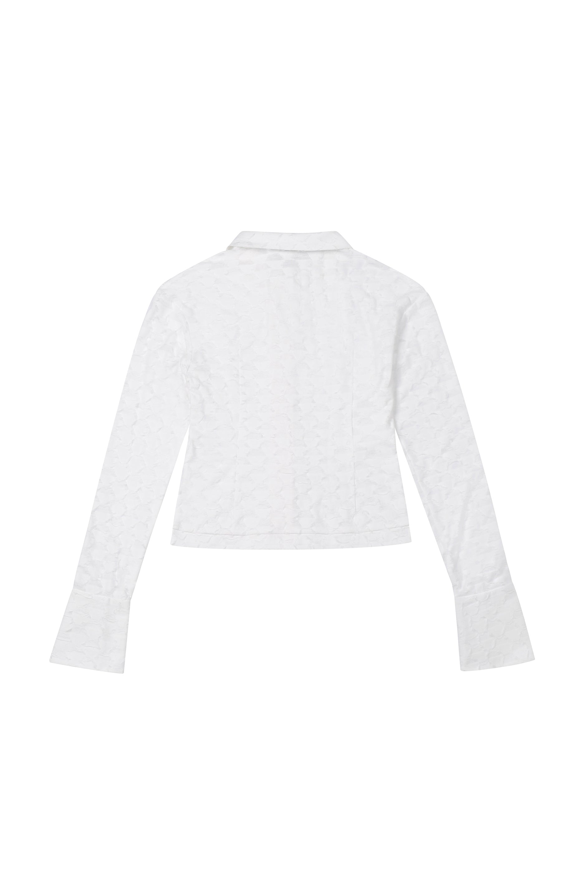 Back view of YIBRI Jacquard Fringe Shirt showing clean fitted lines, lightweight jacquard texture, and elongated sleeves.