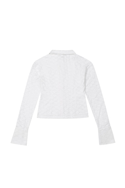 Back view of YIBRI Jacquard Fringe Shirt showing clean fitted lines, lightweight jacquard texture, and elongated sleeves.