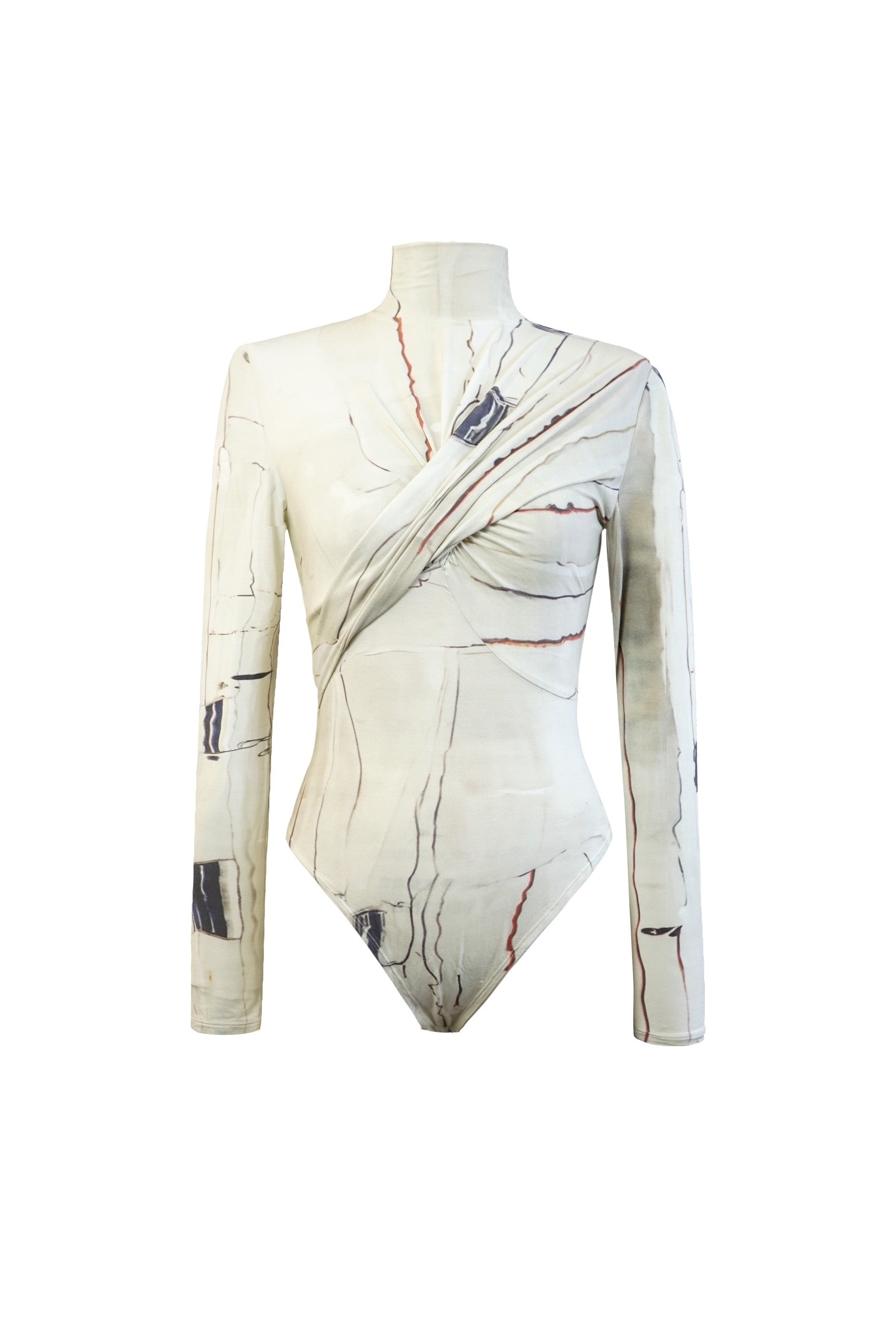 Front view of the YIBRI Printed Stretchy Open-Back Bodysuit featuring a sculptural twisted drape and long sleeves in soft printed stretch jersey.